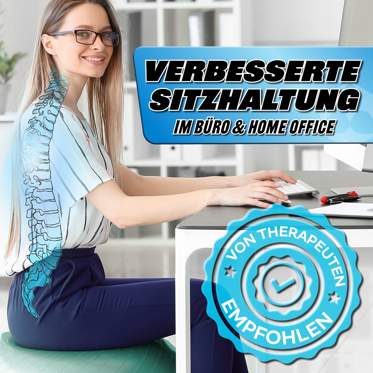 Gymnastikball inkl. Ballpumpe - Fitness Sitzball - Türkis - 65 cm für verbesserte Sitzhaltung im Büro und Home Office.