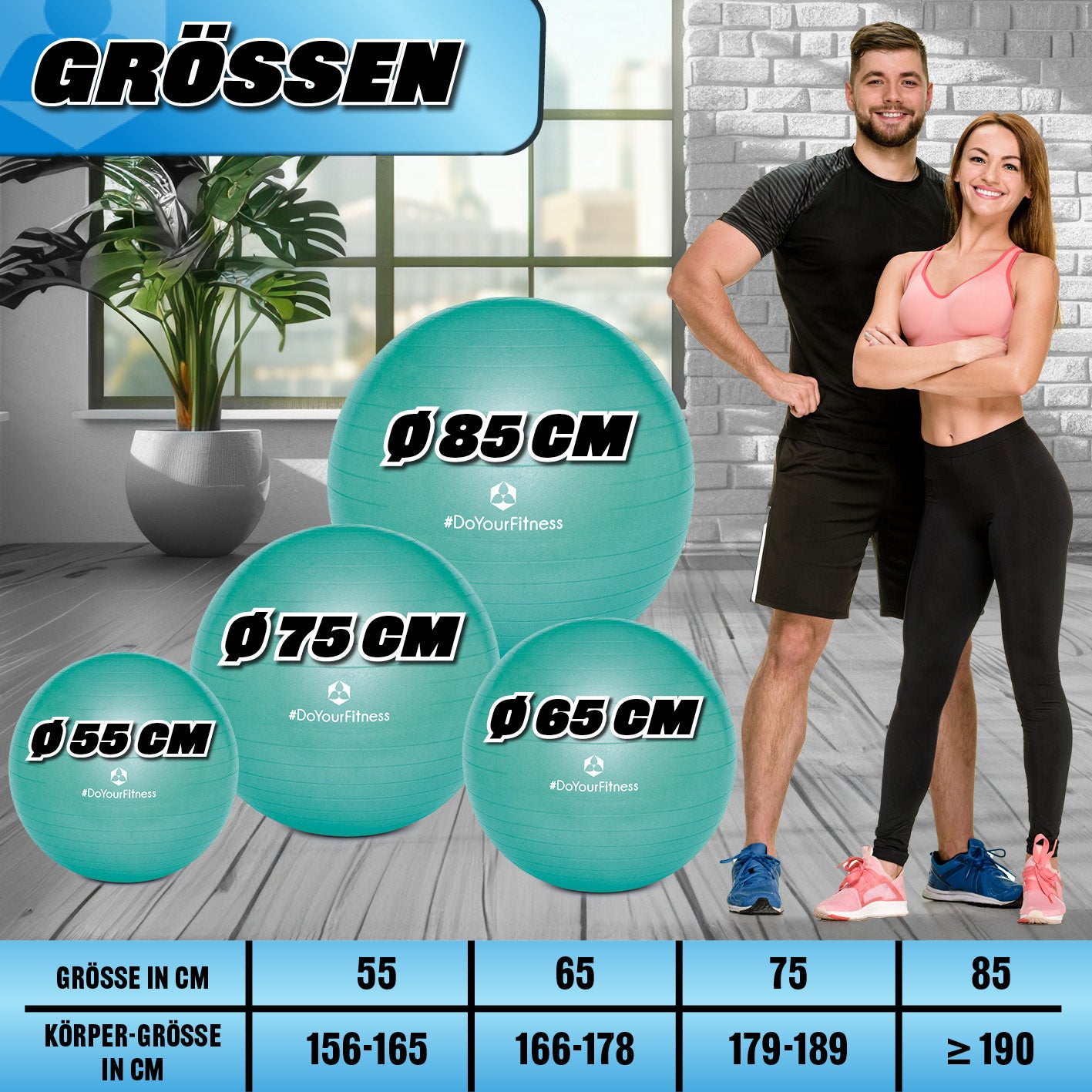 Gymnastikball inkl. Ballpumpe - Fitness Sitzball - Türkis - 65 cm neben weiteren Größen mit zwei Sportlern im Fitnessraum.