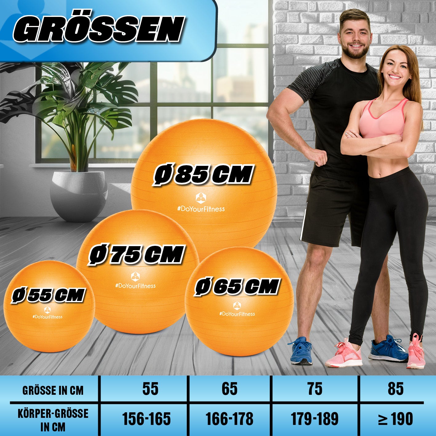 Gymnastikball inkl. Ballpumpe - Fitness Sitzball - Orange - 65 cm mit Größenübersicht und zwei sportlichen Personen im Hintergrund.