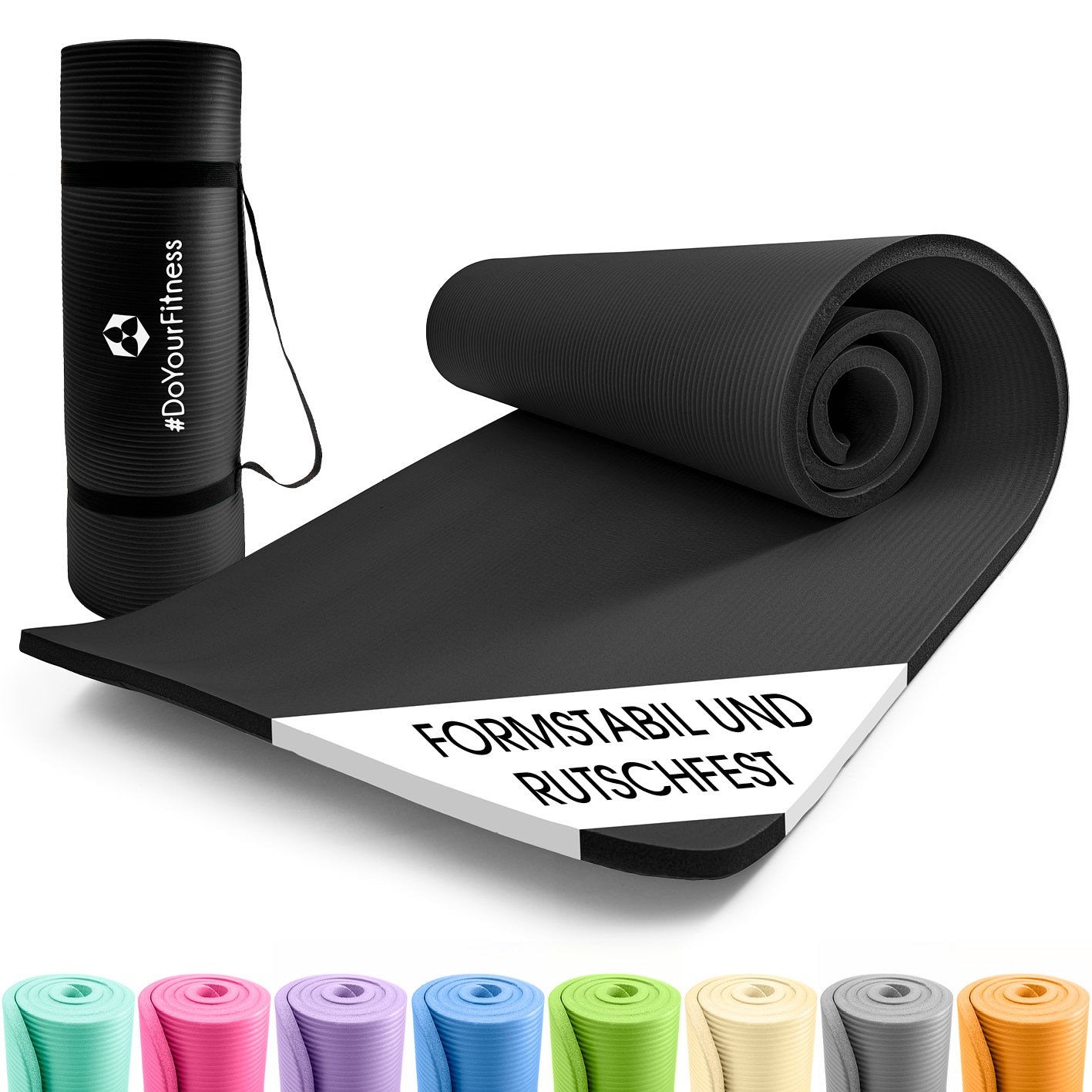 Fitness- und Gymnastikmatte - 183 x 61 x 1 cm - Schwarz, rutschfest, robust, leicht, mit Tragegurt, ideal für Yoga und Gymnastik.