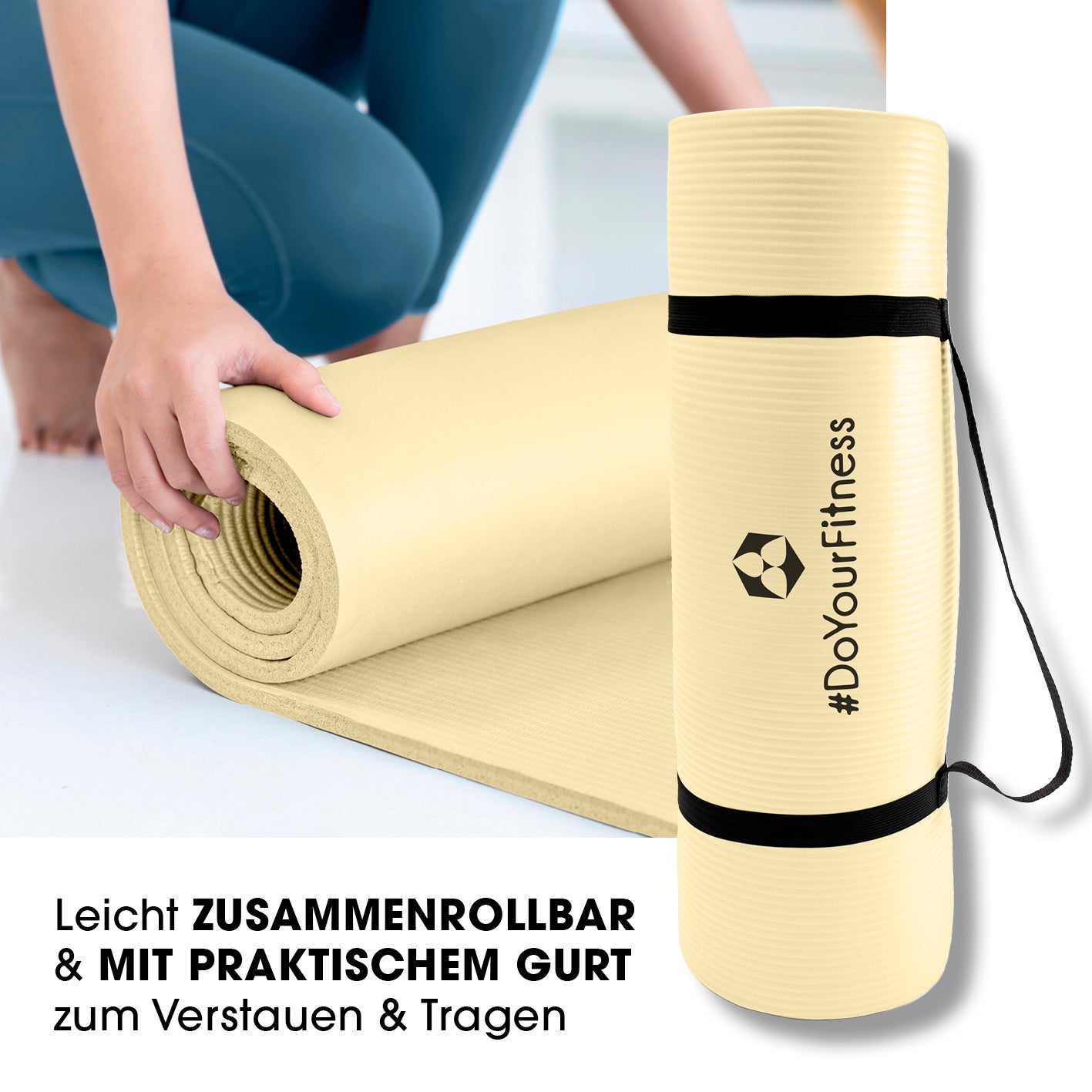 Fitness- und Gymnastikmatte - 183 x 61 x 2 cm - Hell Beige, rutschfest, robust, leicht rollbar mit praktischem Tragegurt von DoYourFitness.
