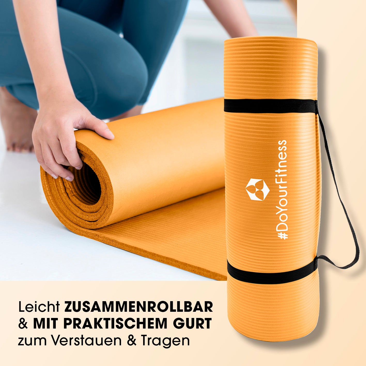 Fitness- und Gymnastikmatte - 183 x 61 x 2 cm - Orange, rutschfest, robust, zusammenrollbar mit Tragegurt für Yoga und Gymnastik.