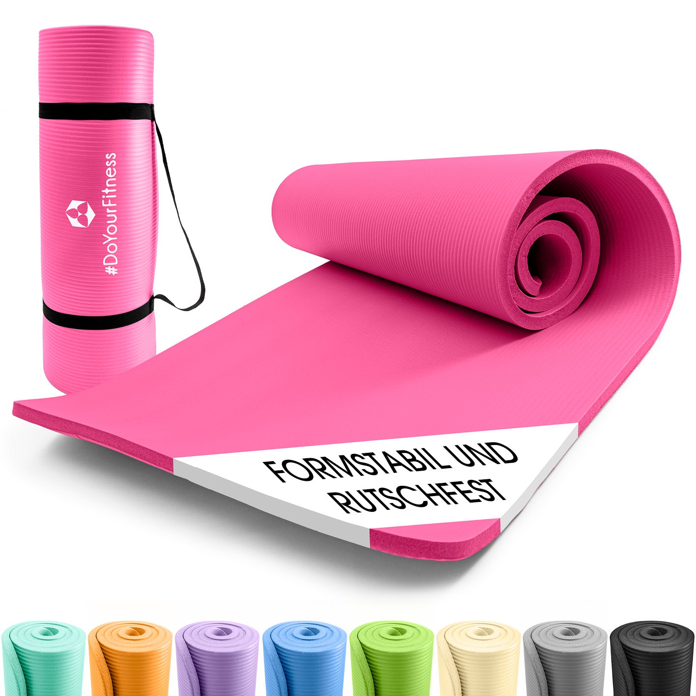 Fitness- und Gymnastikmatte - 183 x 61 x 2 cm - Pink, rutschfest, robust, leicht mit Tragegurt für Yoga und Gymnastik.