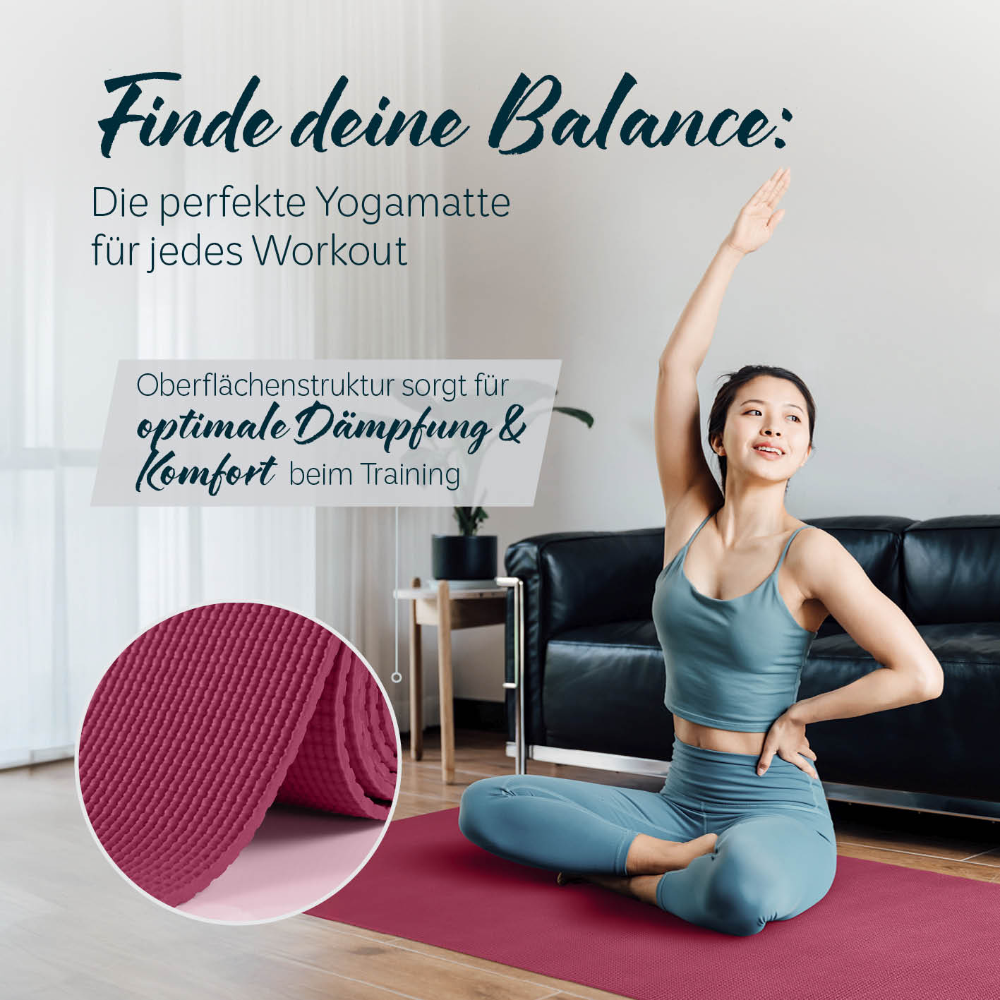 Yogamatte Kirana - 183 x 61 x 0,4 cm - Aubergine mit weicher Oberfläche für optimale Dämpfung und Komfort beim Training.