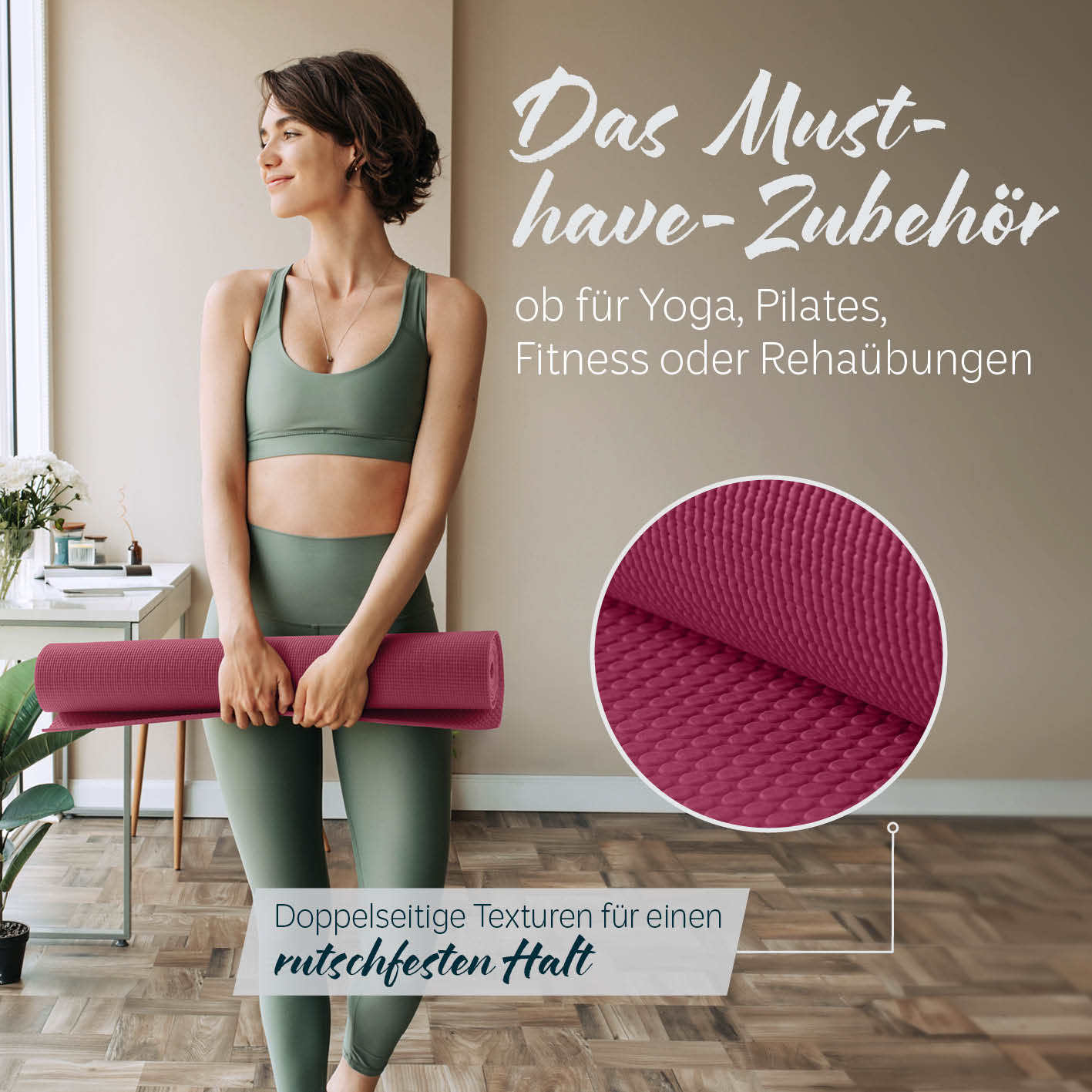 Yogamatte Kirana - 183 x 61 x 0,4 cm - Aubergine mit weicher Struktur, rutschfest und vielseitig für Yoga, Pilates und Fitness.