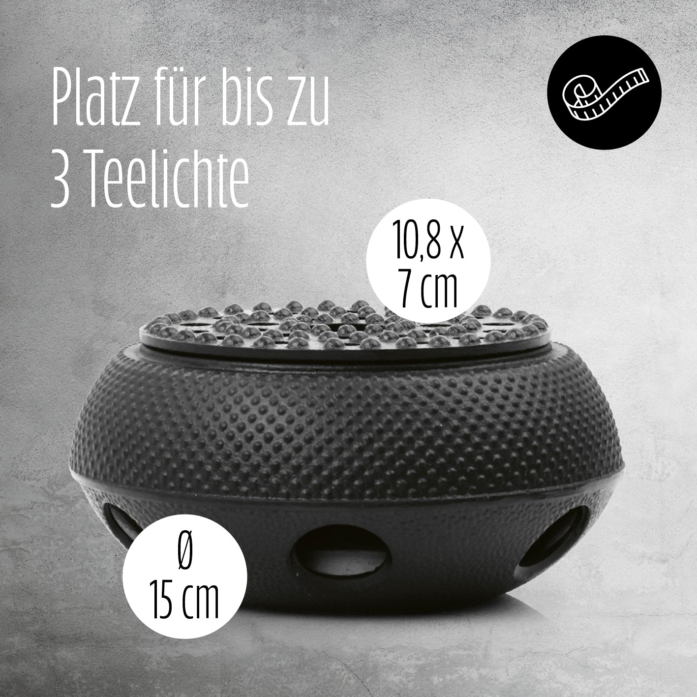 Stövchen aus Gusseisen - Teewärmer für Teekannen, schwarz, Platz für bis zu 3 Teelichte, feuerfeste Beschichtung, asiatische Tradition.