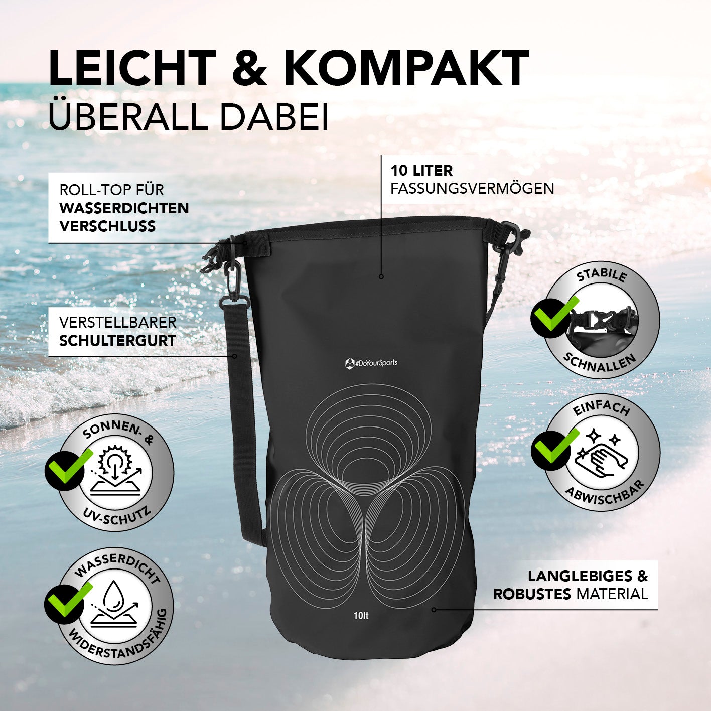 Dry Bag 10L - Schwarz mit wasserdichtem Rolltop, verstellbarem Schultergurt und robustem, UV-geschütztem Material für Outdoor-Abenteuer.