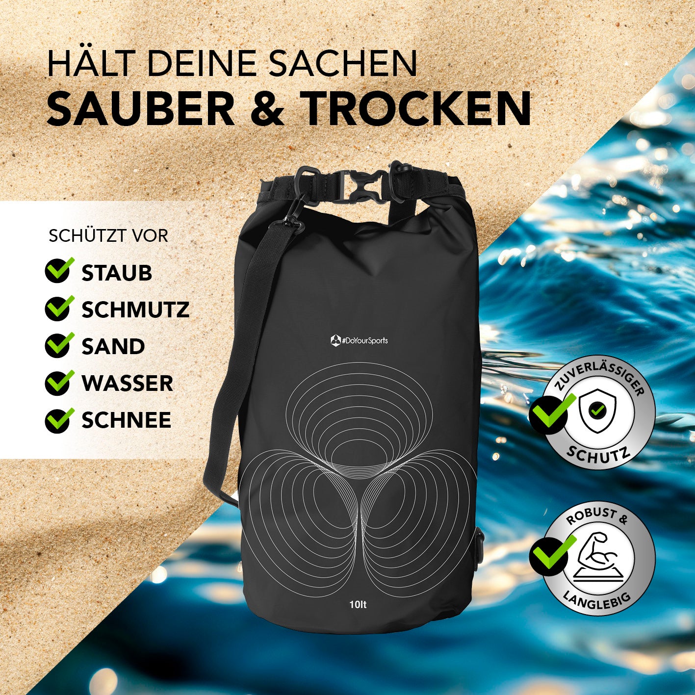 Dry Bag 10L - Schwarz, wasserdichter und robuster Rucksack mit Rolltop-Verschluss zum Schutz vor Staub, Wasser, Sand und Schnee.
