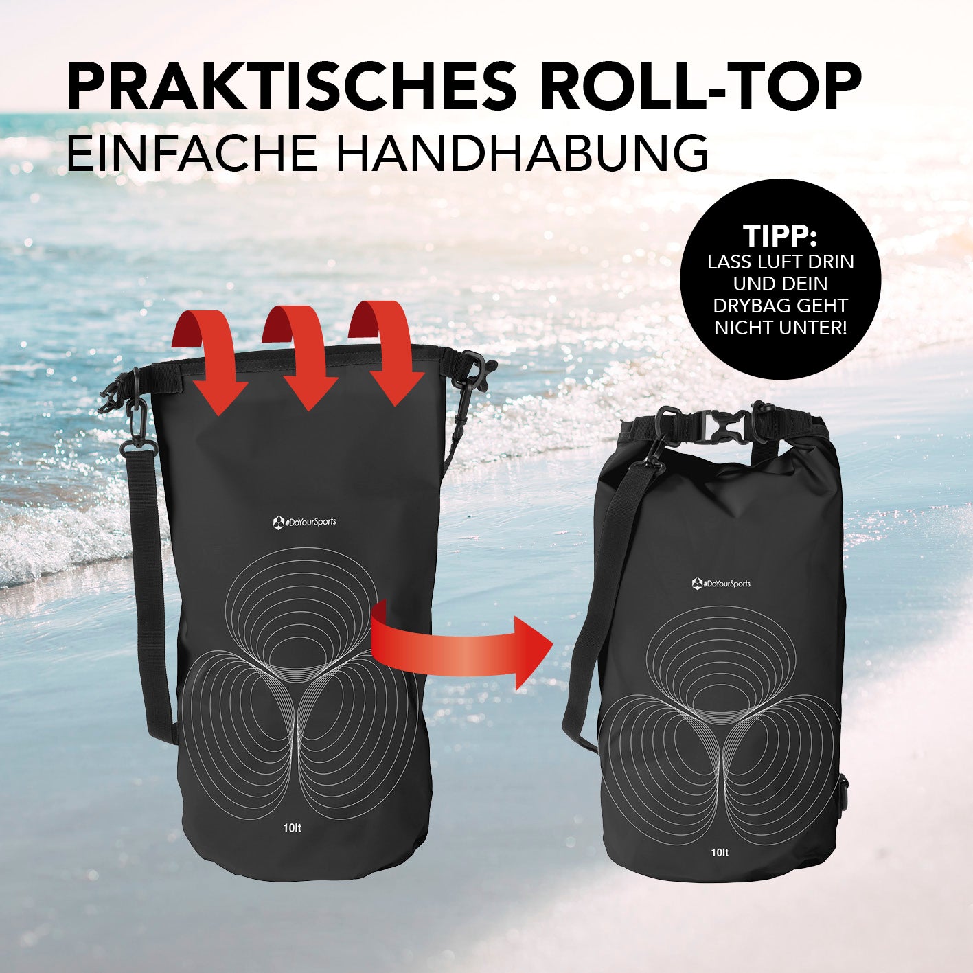 Dry Bag 10L - Schwarz mit wasserdichtem Rolltop-Verschluss und verstellbarem Schultergurt für Outdoor-Abenteuer.