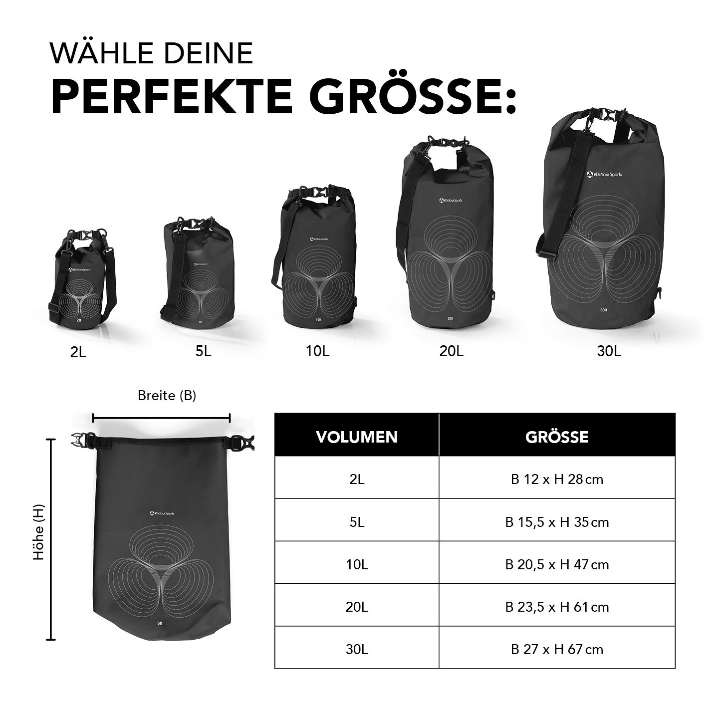 Dry Bag 10L - Schwarz, wasserdichter, robuster Outdoor-Rucksack mit Rolltop und verstellbarem Schultergurt, perfekt für Wasseraktivitäten.