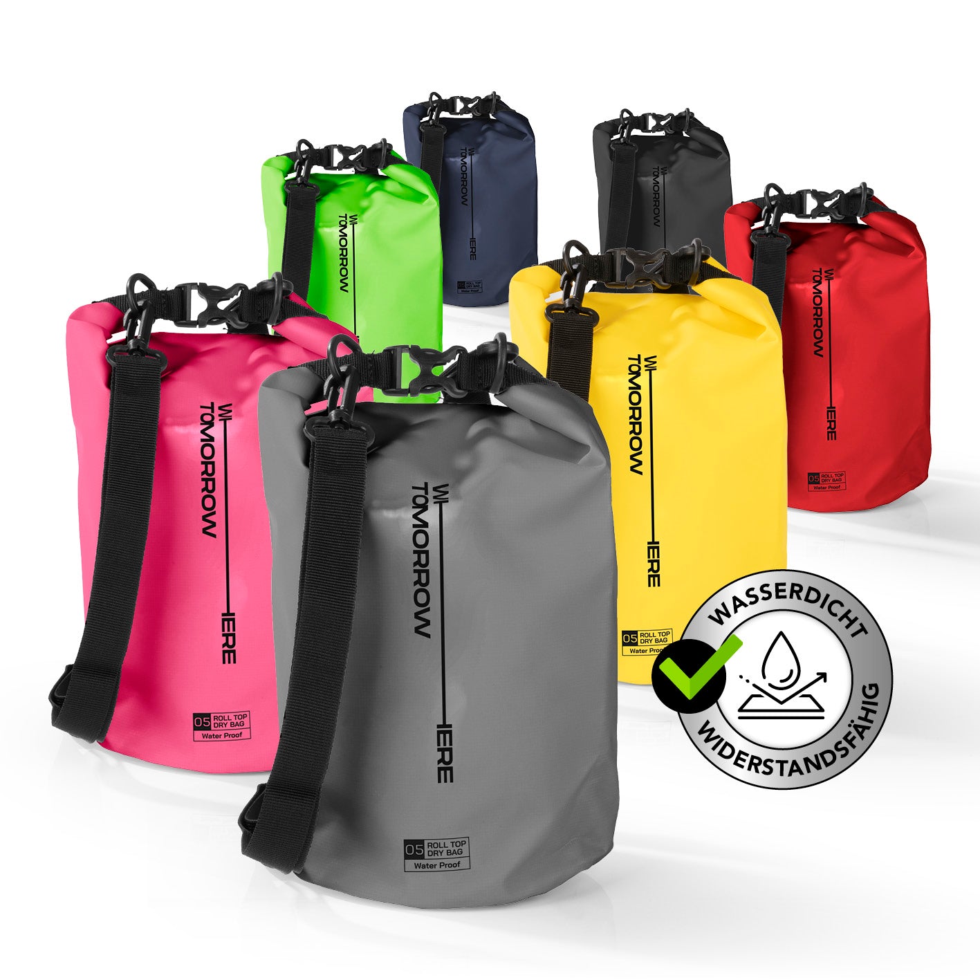 Dry Bag 5L - Style 02 - Grau, wasserdichter und robuster Outdoor-Rucksack mit Rolltop-Verschluss und verstellbarem Schultergurt.