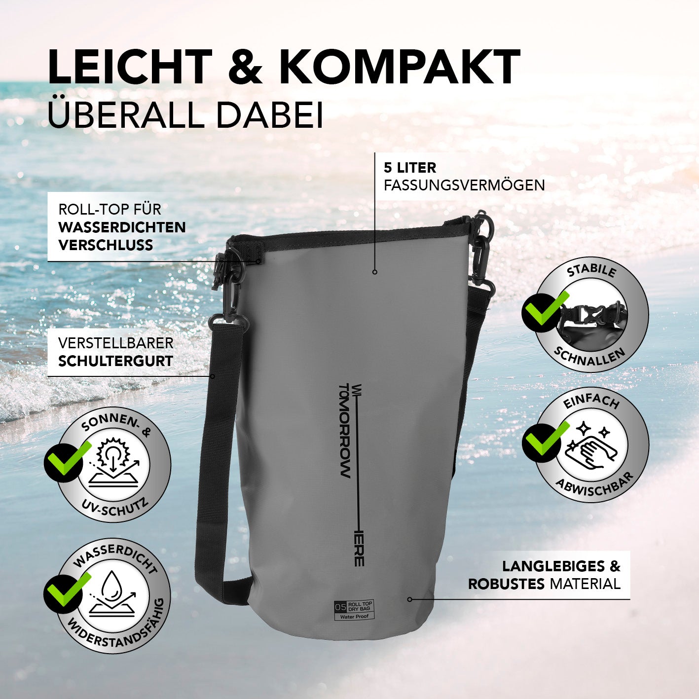 Dry Bag 5L - Style 02 - Grau mit wasserdichtem Rolltop, verstellbarem Schultergurt, 5 Liter Fassungsvermögen, robust und UV-geschützt.