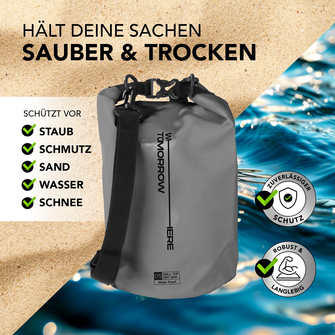 Dry Bag 5L - Style 02 - Grau wasserdichter, robuster Rucksack schützt vor Staub, Schmutz, Sand, Wasser und Schnee für Outdoor-Abenteuer.