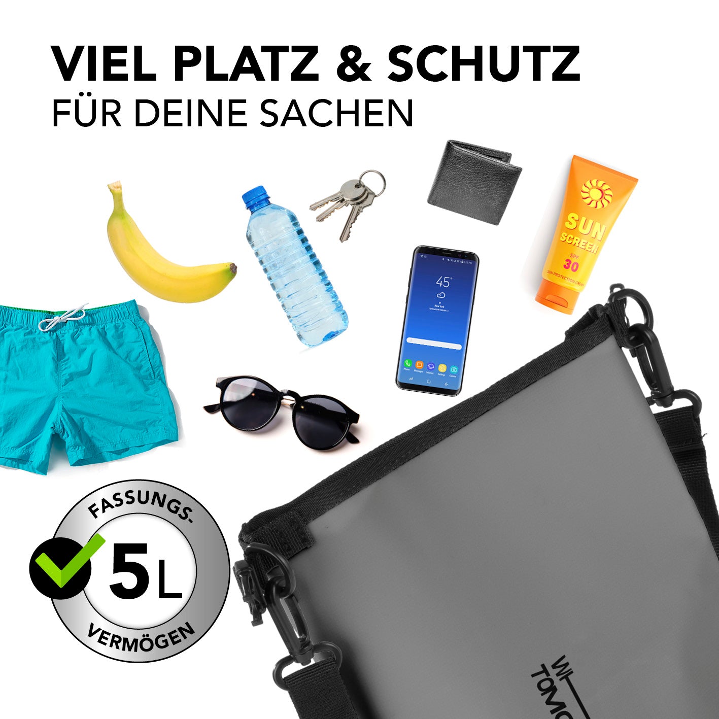 Dry Bag 5L - Style 02 - Grau, wasserdichter Rucksack mit 5L Fassungsvermögen für Outdoor-Abenteuer und sicheren Schutz deiner Wertsachen.