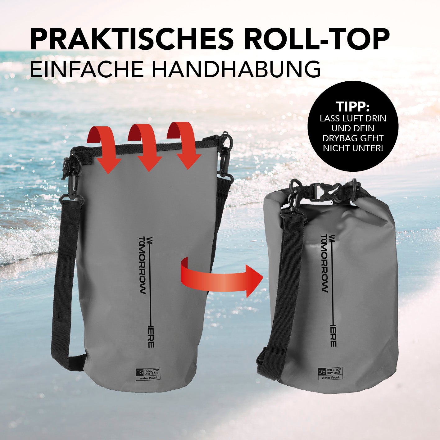 Dry Bag 5L - Style 02 - Grau mit praktischem Rolltop-Verschluss, wasserfest und robust für Outdoor-Abenteuer und sicheren Schutz.