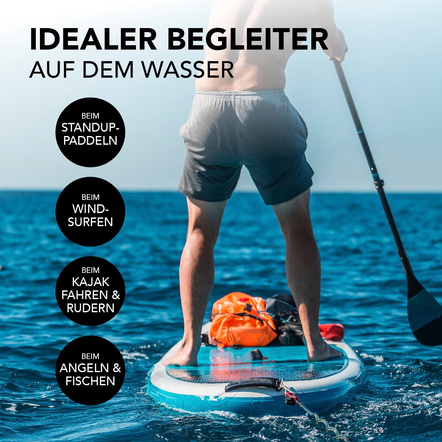 Dry Bag 5L - Style 02 - Grau auf Standup-Paddle-Board, wasserfester Outdoor-Rucksack ideal für Wasseraktivitäten und Abenteuer.