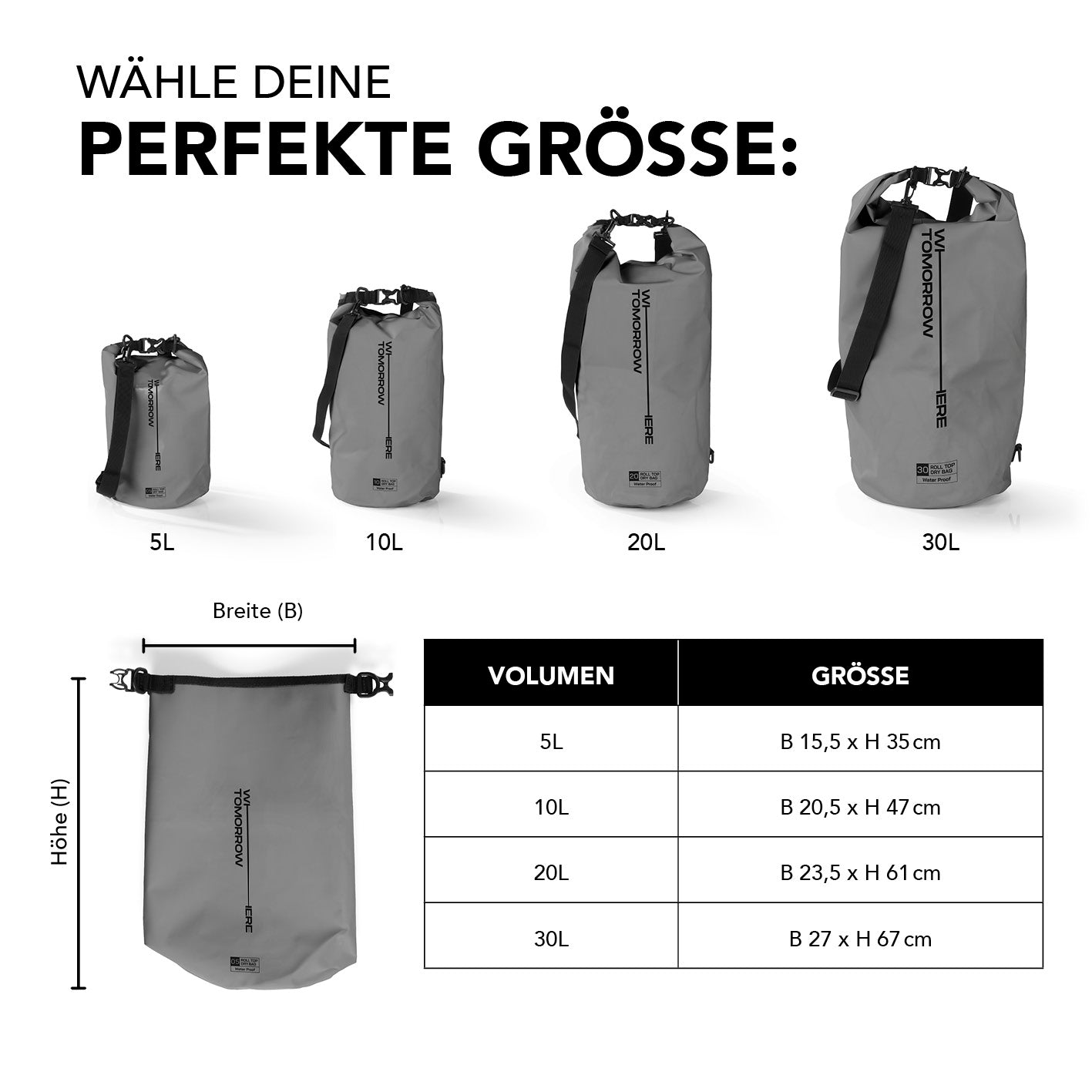 Dry Bag 5L - Style 02 - Grau mit wasserdichtem Rolltop, robustem Material und verstellbarem Schultergurt für Outdoor-Abenteuer.