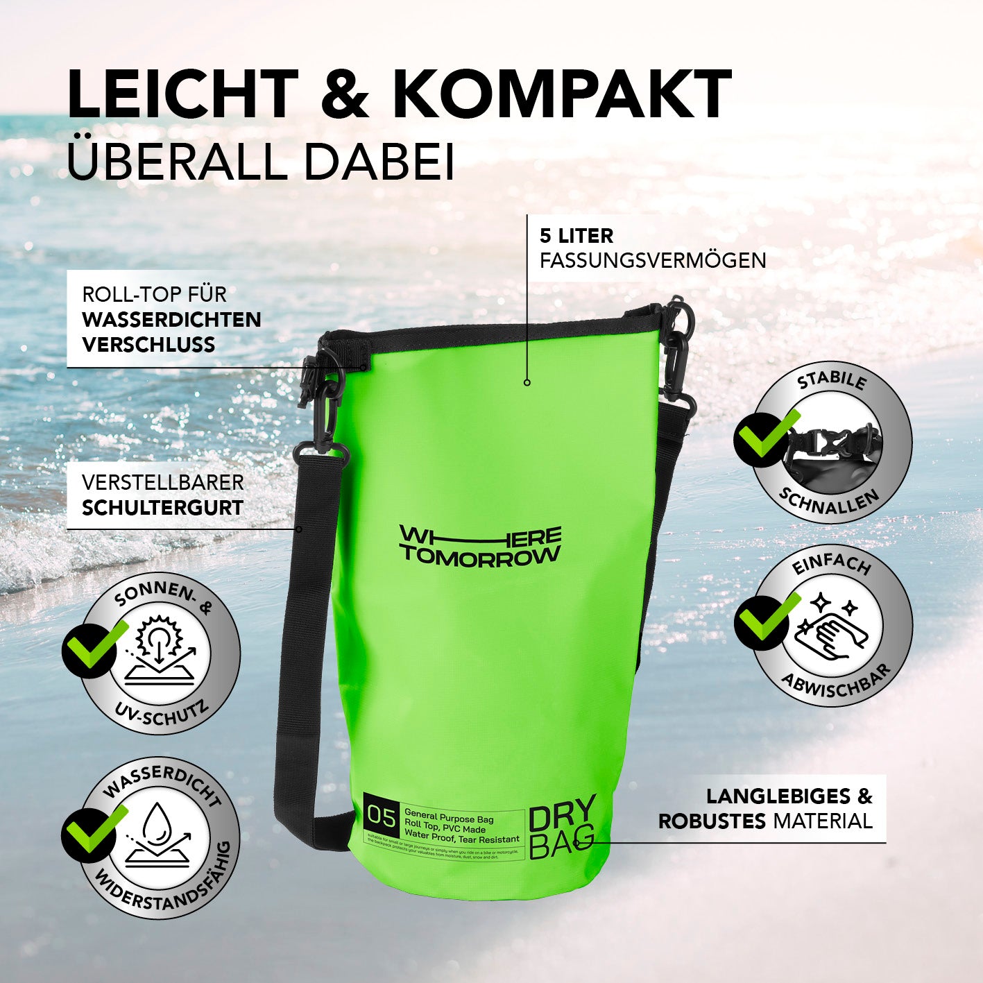 Dry Bag 5L - Style 01 - Grün, wasserdichter Rolltop mit UV-Schutz, verstellbarem Schultergurt, robust und abwischbar für Outdoor-Abenteuer.