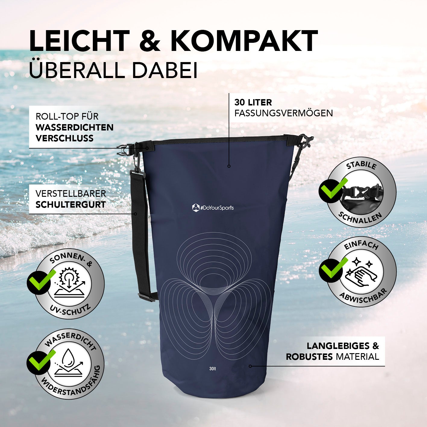 Dry Bag 30L - Dunkelblau, wasserdichter und robuster Outdoor-Rucksack mit UV-Schutz, verstellbarem Schultergurt und Rolltop-Verschluss.