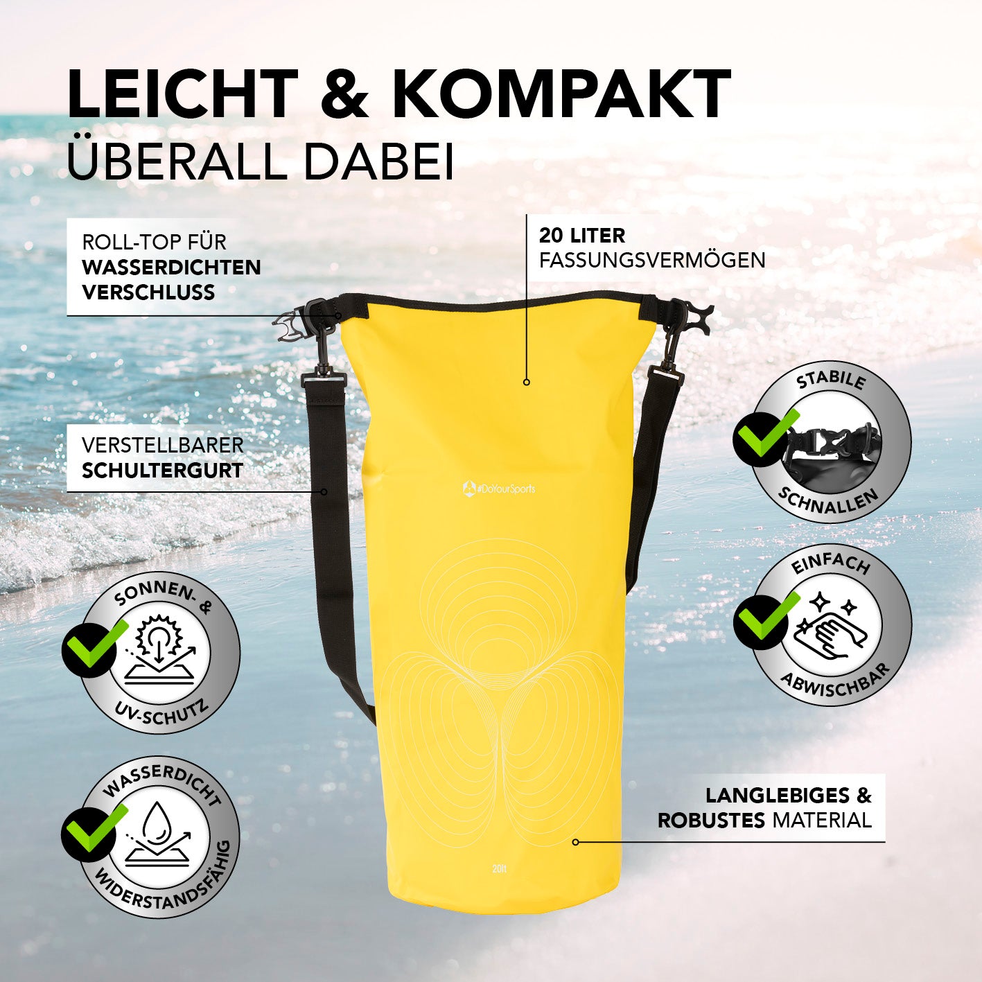 Dry Bag 20L - Gelb mit wasserdichtem Rolltop, UV-Schutz, verstellbarem Schultergurt und robustem Material für Outdoor-Abenteuer.