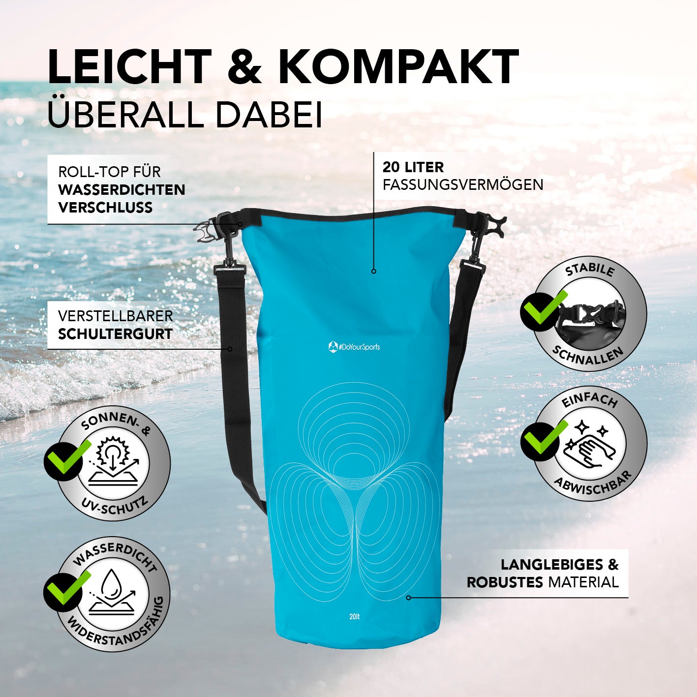 Dry Bag 20L - Himmelblau, wasserdichter, robuster Outdoor-Rucksack mit UV-Schutz und verstellbarem Schultergurt.