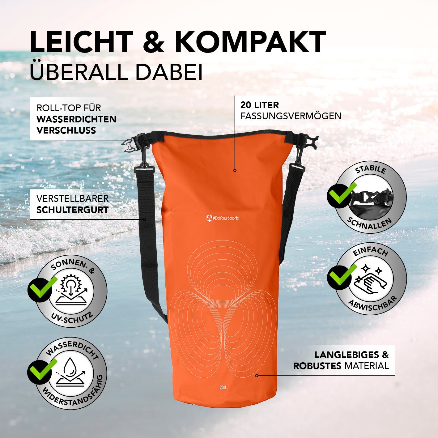 Dry Bag 20L - Orange mit wasserdichtem Rolltop, UV-Schutz, verstellbarem Schultergurt und robusten Schnallen für Outdoor-Abenteuer.