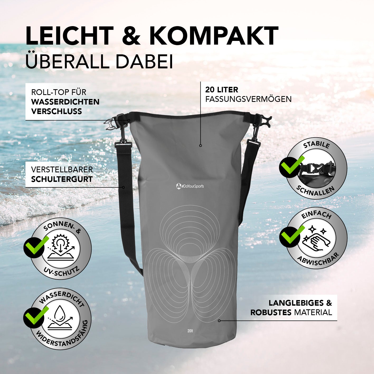 Dry Bag 20L - Grau mit wasserdichtem Rolltop, UV-Schutz, verstellbarem Schultergurt und robustem, langlebigem Material.