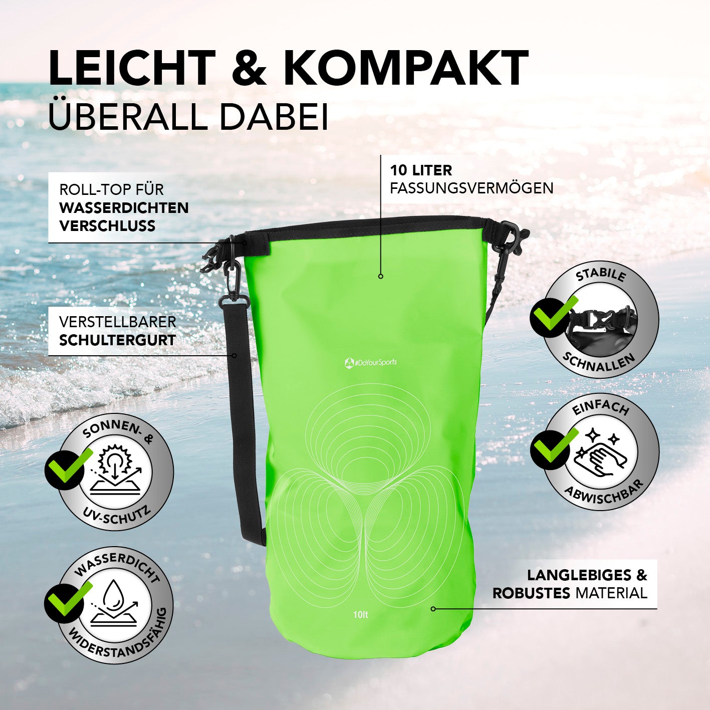 Dry Bag 10L - Grün, wasserdichter, robuster Rucksack mit UV-Schutz, verstellbarem Schultergurt und Rolltop-Verschluss für Outdoor-Abenteuer.