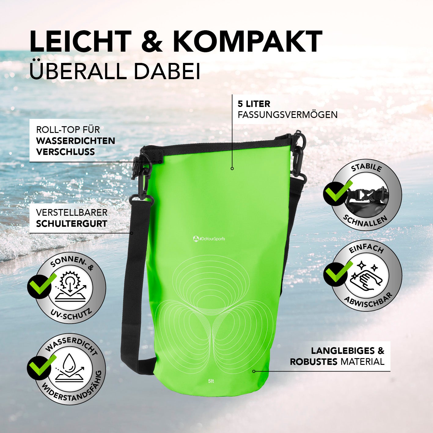 Dry Bag 5L - Grün mit wasserdichtem Rolltop, UV-Schutz, verstellbarem Schultergurt und robusten Schnallen für Outdoor-Abenteuer.