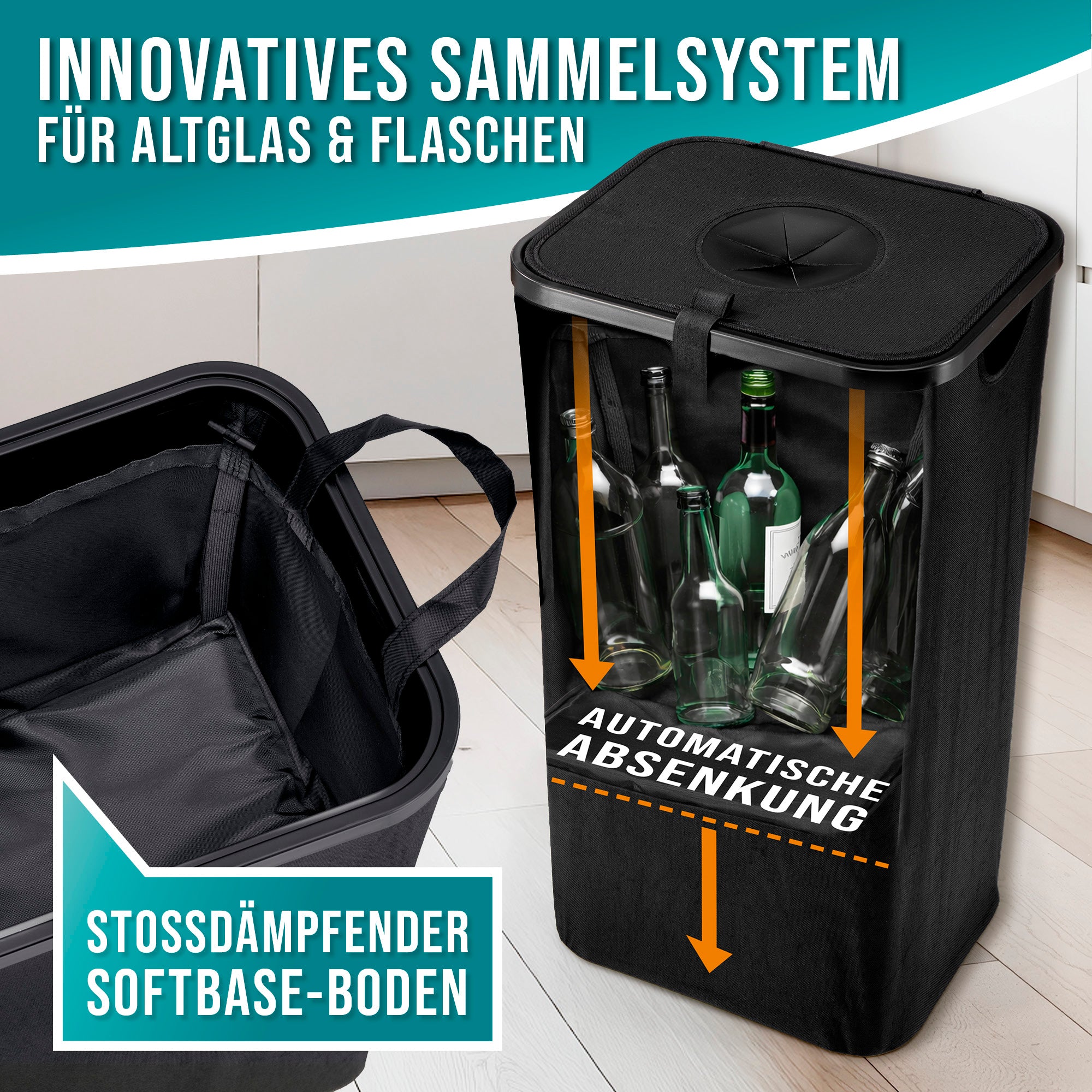 Glas- & Leergutsammler - 100 l - 25 kg max. Gesamtlast mit stoßdämpfendem Softbase-Boden und automatischer Absenkung für Flaschen.