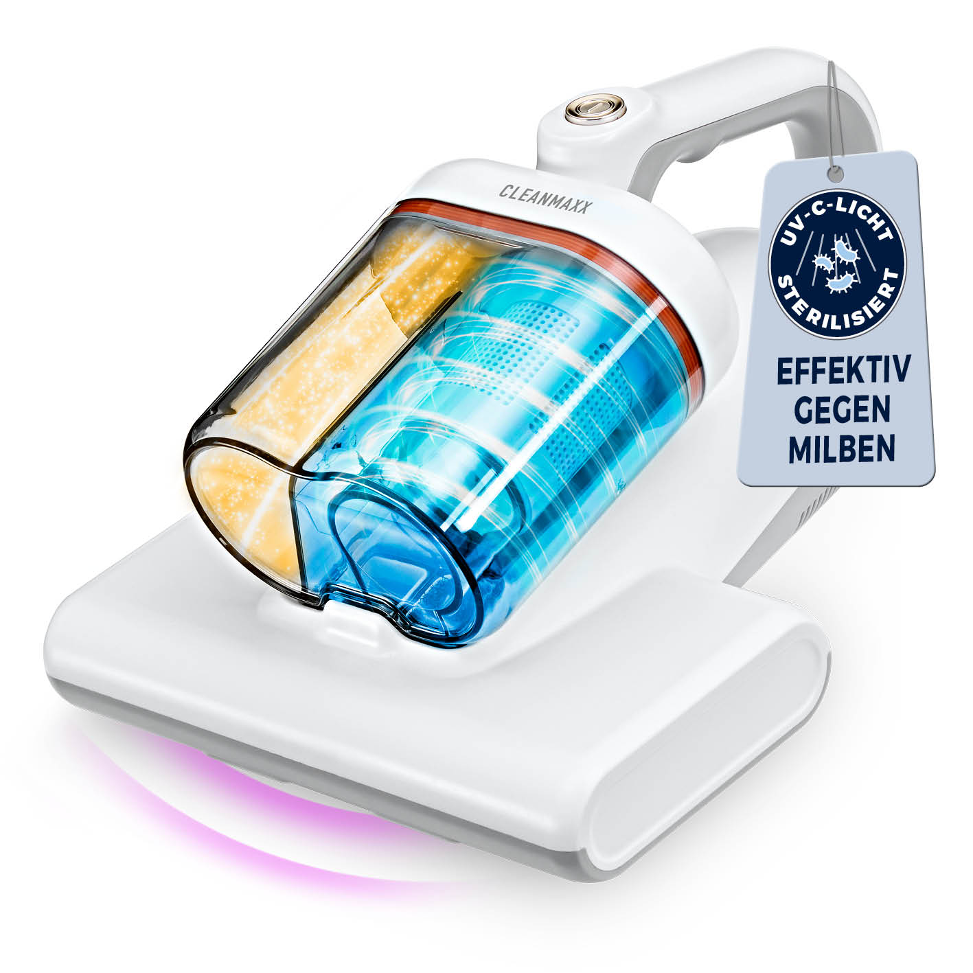 Milbensauger Vibration Pro mit UV-C-Licht und 2-Kammer-Filtersystem zur effektiven Entfernung von Milben und Allergenen.