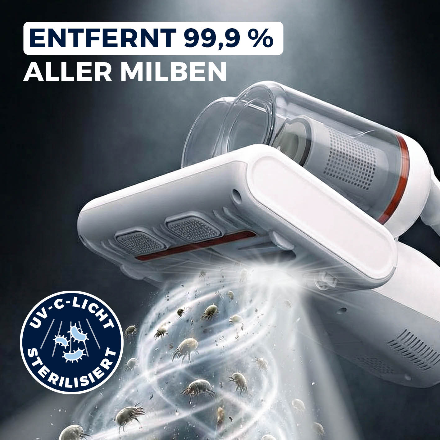 Milbensauger Vibration Pro entfernt 99,9 % Milben mit UV-Licht und 2-Kammer-Filtersystem von textilen Oberflächen.