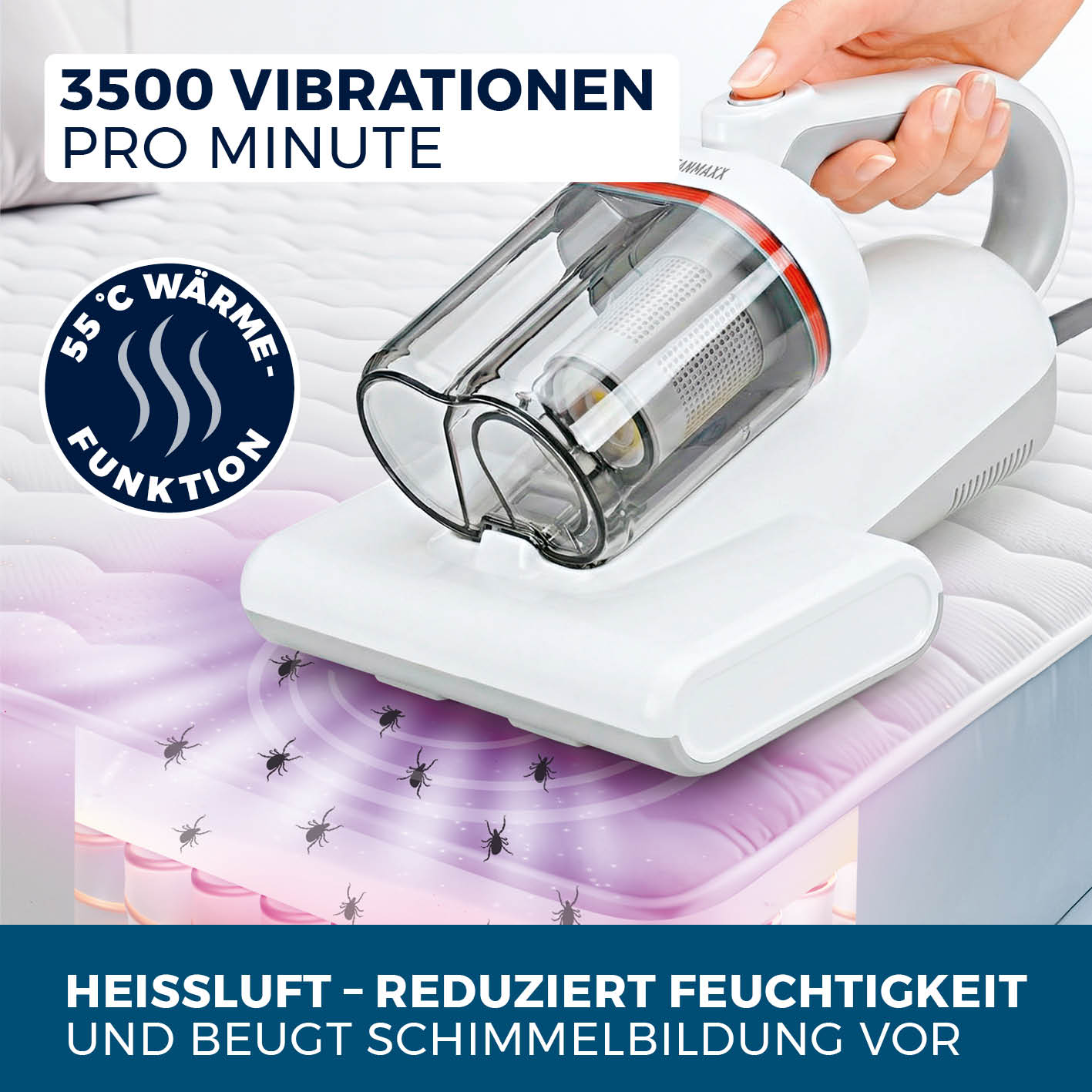Milbensauger Vibration Pro mit 3500 Vibrationen/min, 55°C Wärmefunktion für hygienische Matratzenreinigung gegen Milben und Feuchtigkeit.