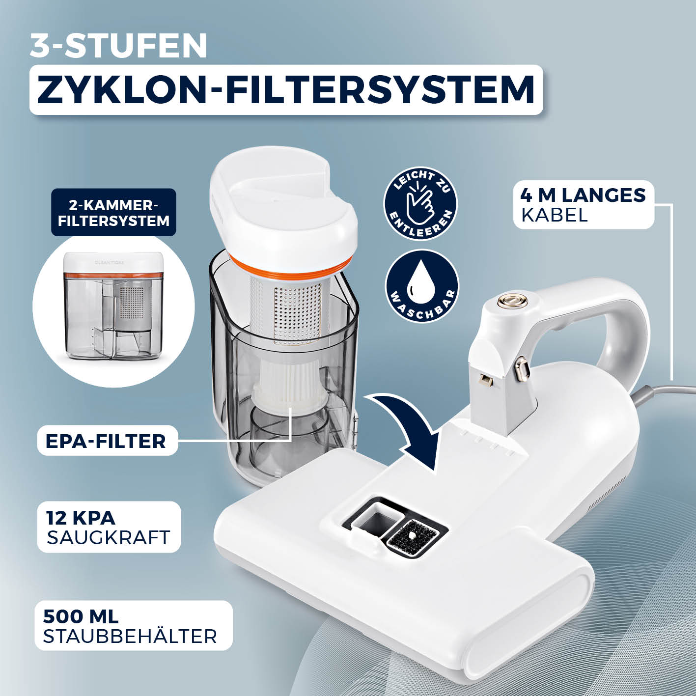 Milbensauger Vibration Pro mit 3-Stufen Zyklon-Filtersystem, 12 KPA Saugleistung und 500 ml Staubbehälter für textilen Oberflächen