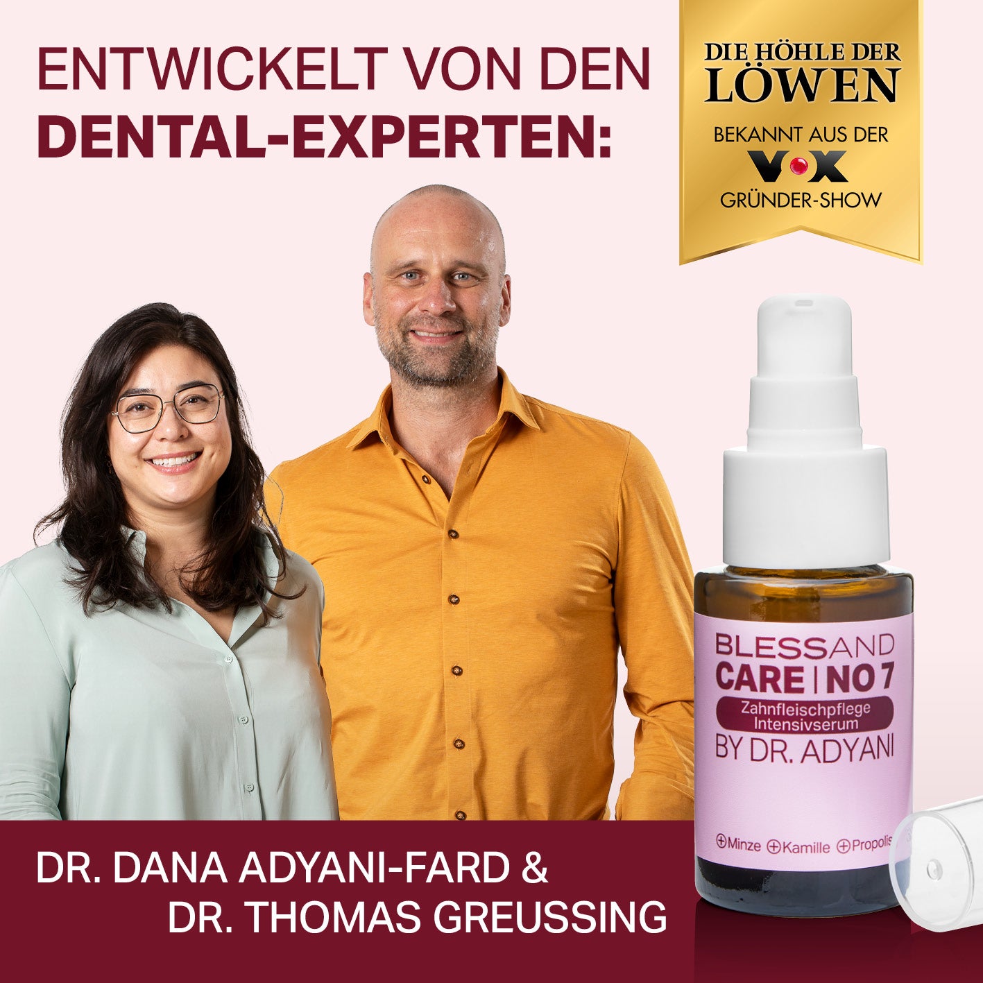 Zahnfleischgel Intensivserum No.7 by Dr. Adyani, 30 ml, mit Abbildung der Entwickler, die auf Expertise in der Dentalpflege hinweisen.