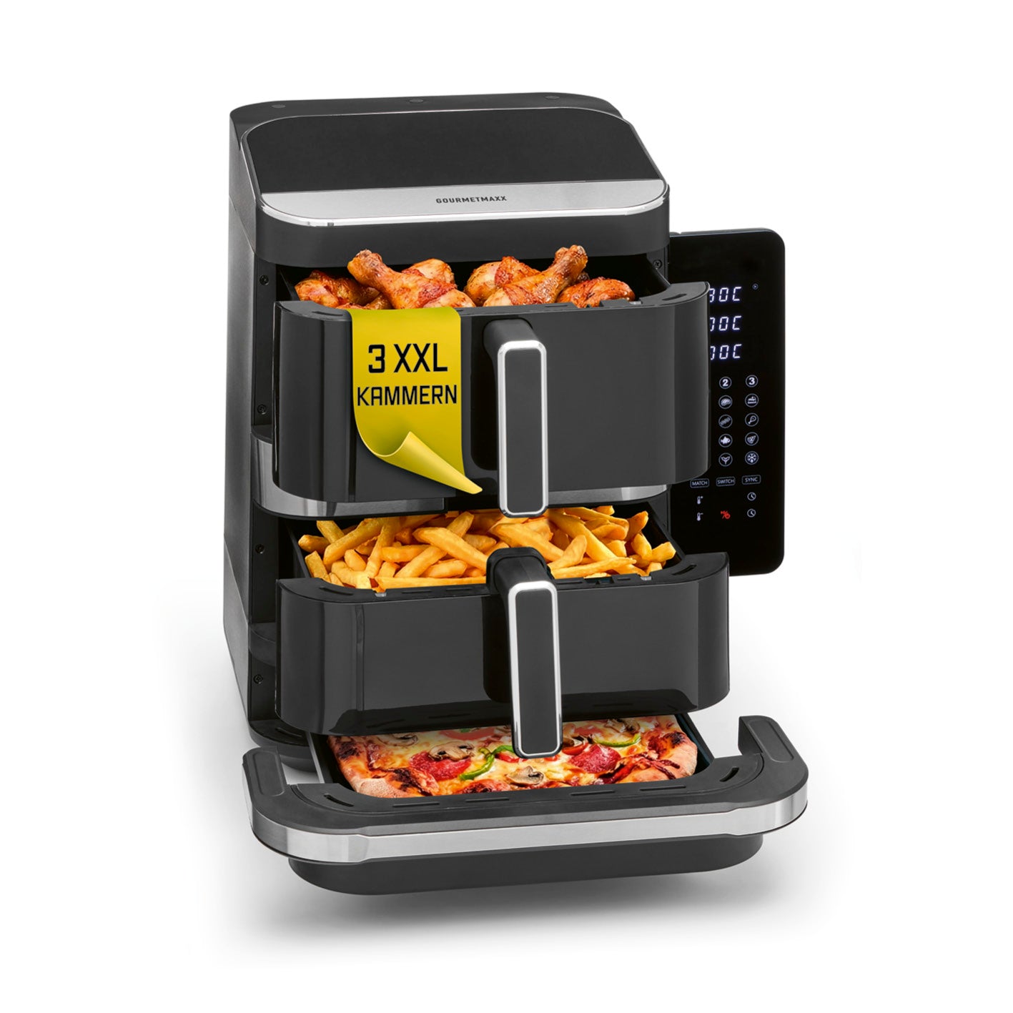 FryUp3 Vertikale 3-Kammer-Heißluftfritteuse - 13,4 l - inkl. HighHeat-Ofenschublade