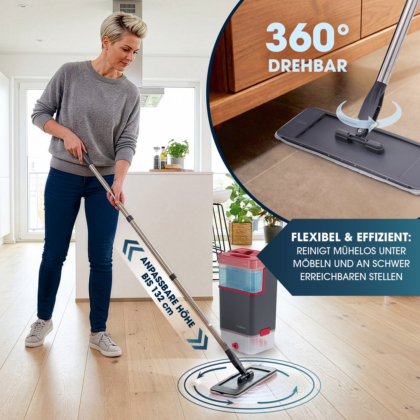 Komfort-Mopp DuoTank - grau-rot + Ersatz-Wischpad 2er-Set