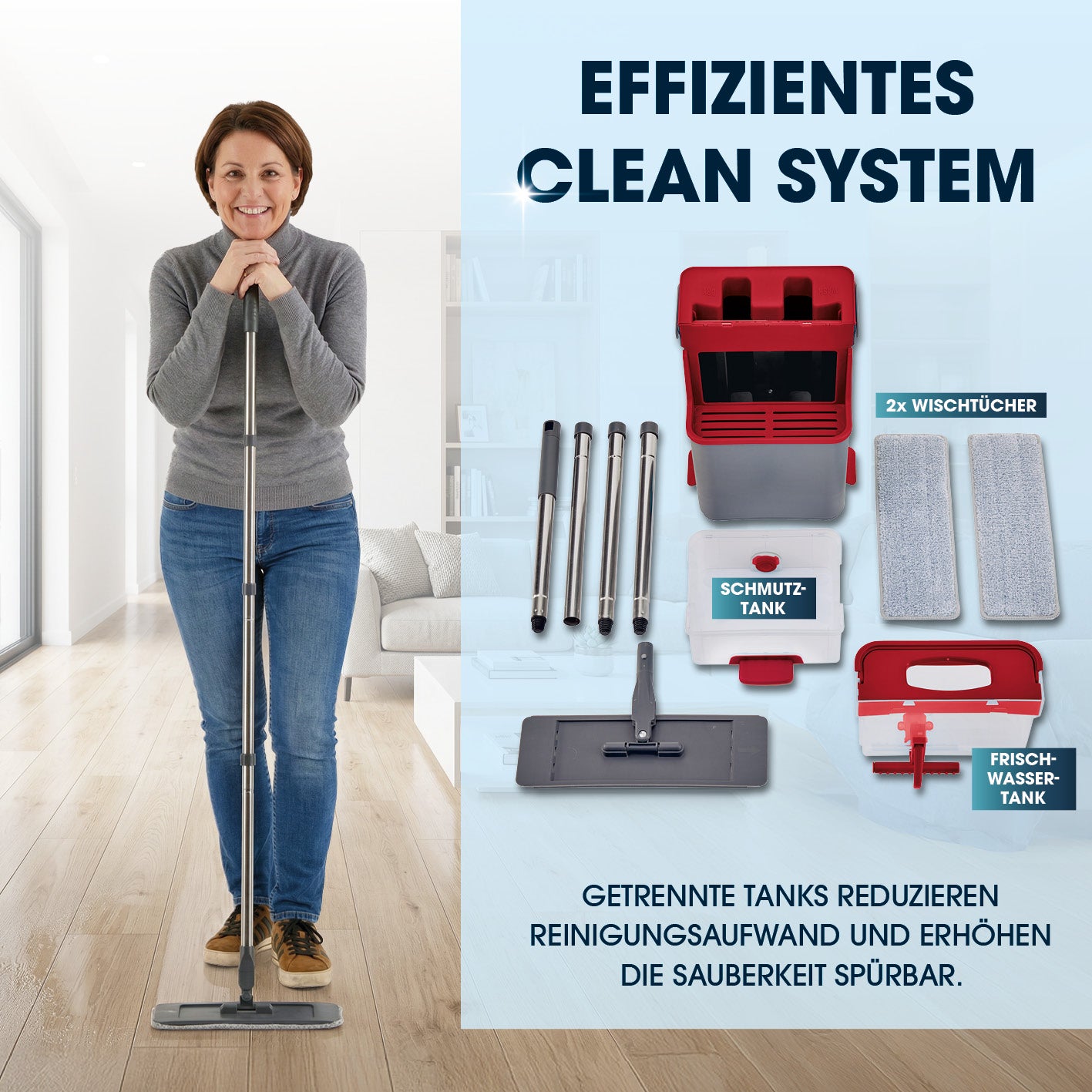 Komfort-Mopp DuoTank - grau-rot + Ersatz-Wischpad 2er-Set