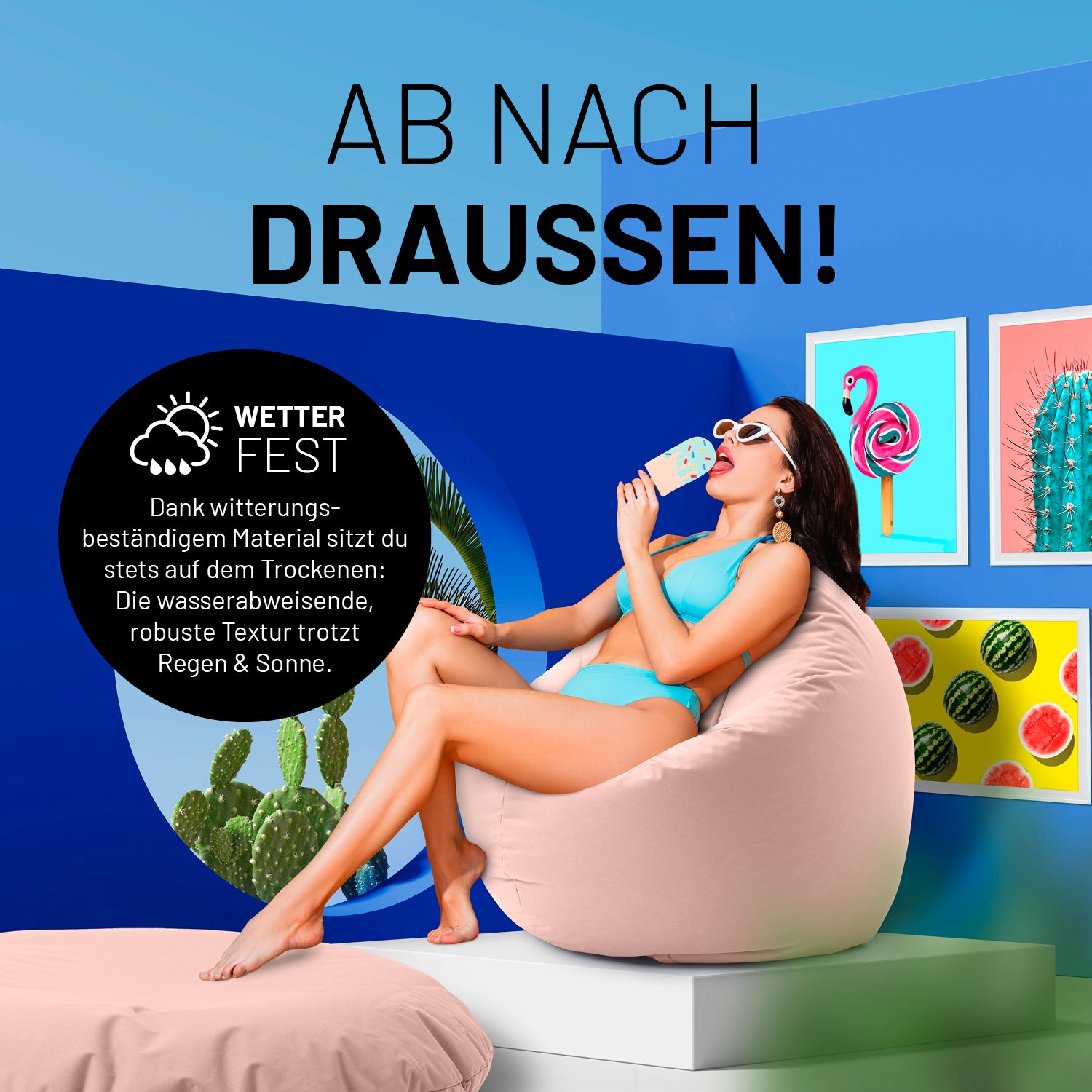 Frau entspannt draußen auf dem Sitzsack Drops (300 L) - indoor & outdoor - Pastellpink vor buntem Hintergrund und blauem Himmel.