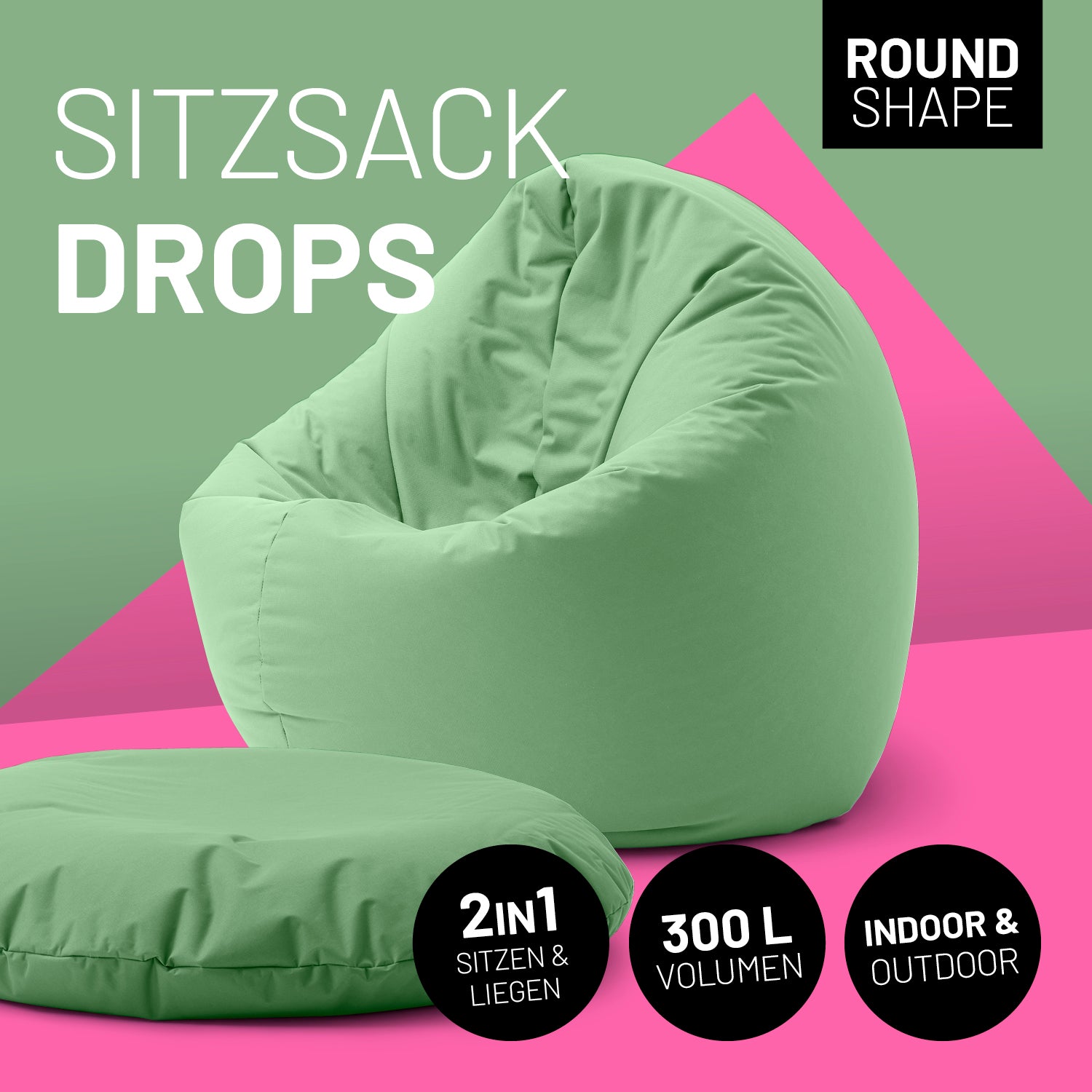 Sitzsack Drops (300 L) - indoor & outdoor - Pastellgrün in runder Form für Sitzen und Liegen mit 300 Litern Volumen.