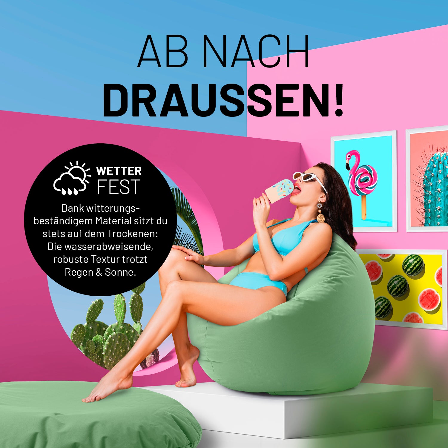 Frau entspannt auf Sitzsack Drops (300 L) - indoor & outdoor - Pastellgrün, wetterfest und wasserabweisend in bunter Umgebung.