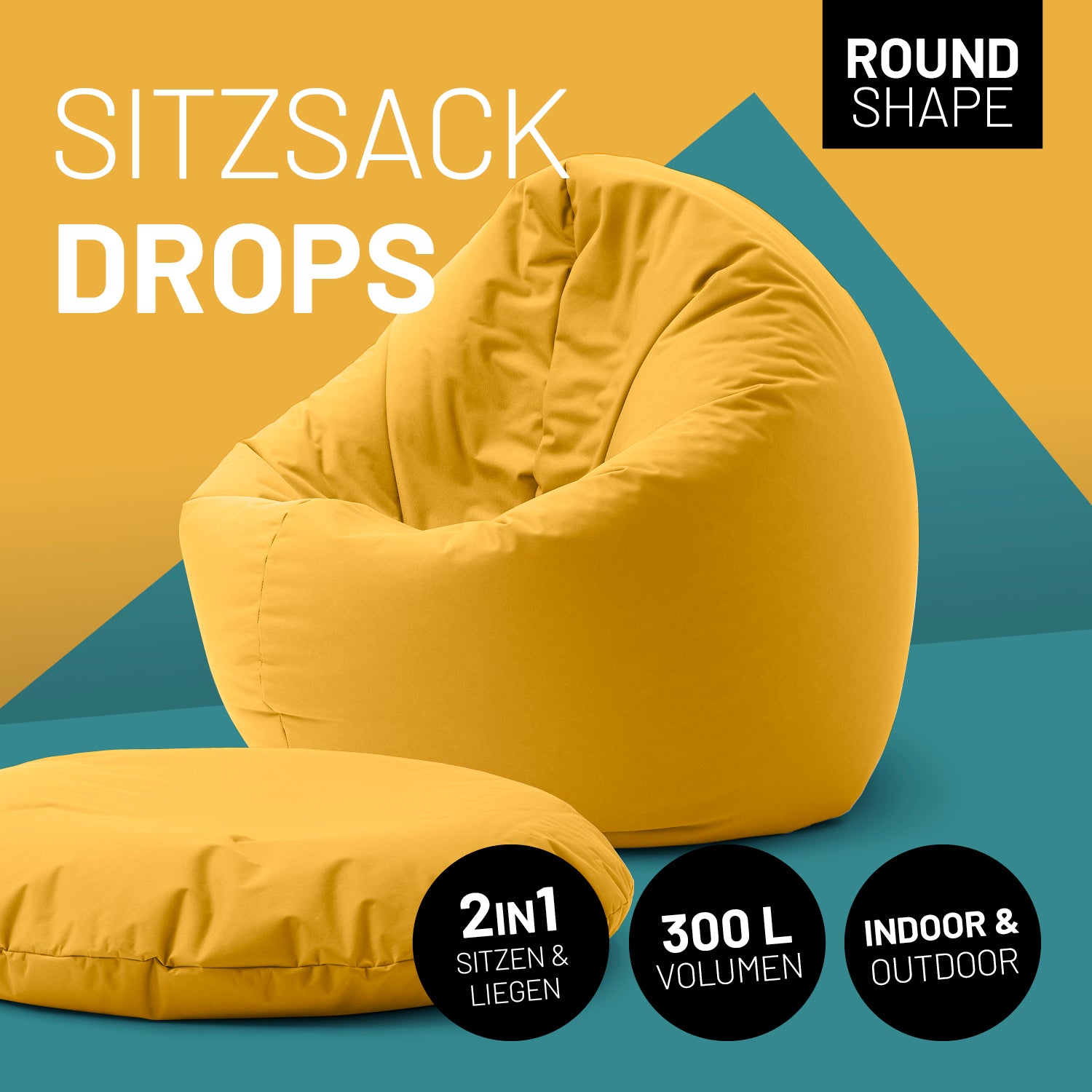 Sitzsack Drops (300 L) - indoor & outdoor - Senfgelb in runder Form, komfortabel zum Sitzen und Liegen, vielseitig für drinnen und draußen.