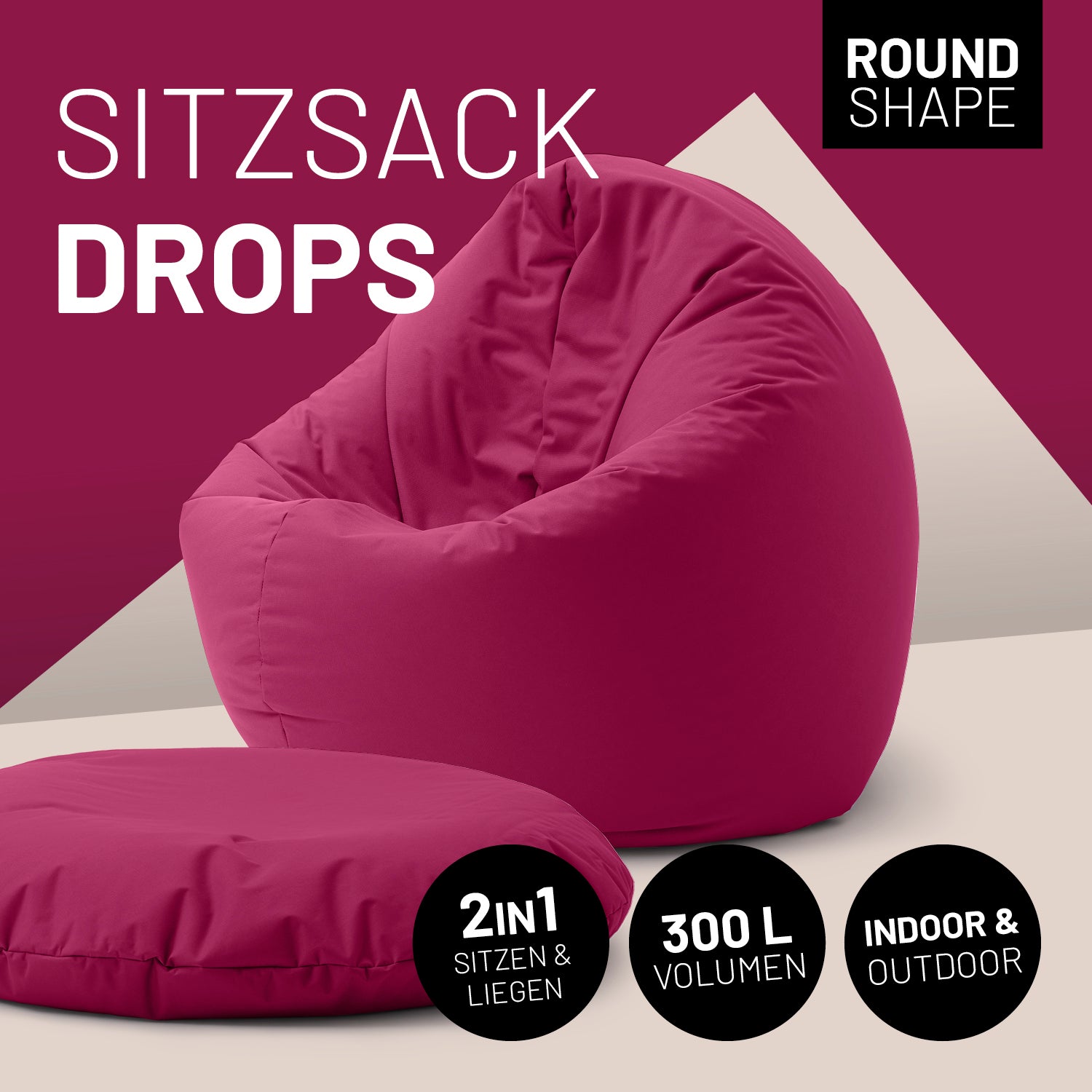 Sitzsack Drops (300 L) - indoor & outdoor - Weinrot, bequemer Sitzsack mit runder Form und vielseitiger Nutzungsmöglichkeit.
