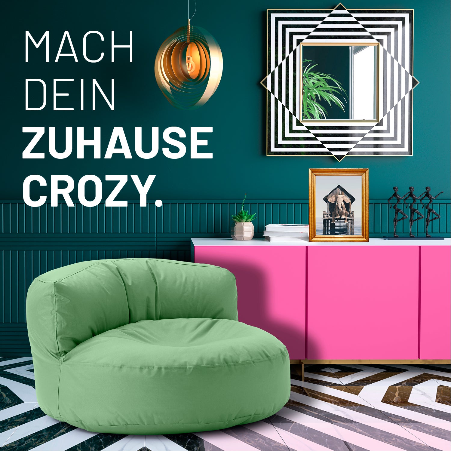 Sitzsack Lounge (320 L) - indoor & outdoor - Pastellgrün in modernem Wohnraum mit buntem Sideboard und Dekoration.