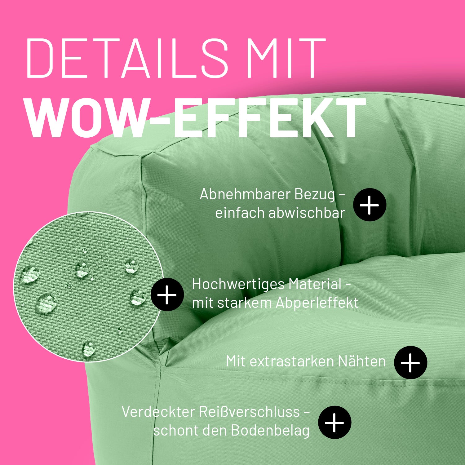 Sitzsack Lounge (320 L) - indoor & outdoor - Pastellgrün mit abnehmbarem, abwischbarem Bezug und wasserabweisendem Material.