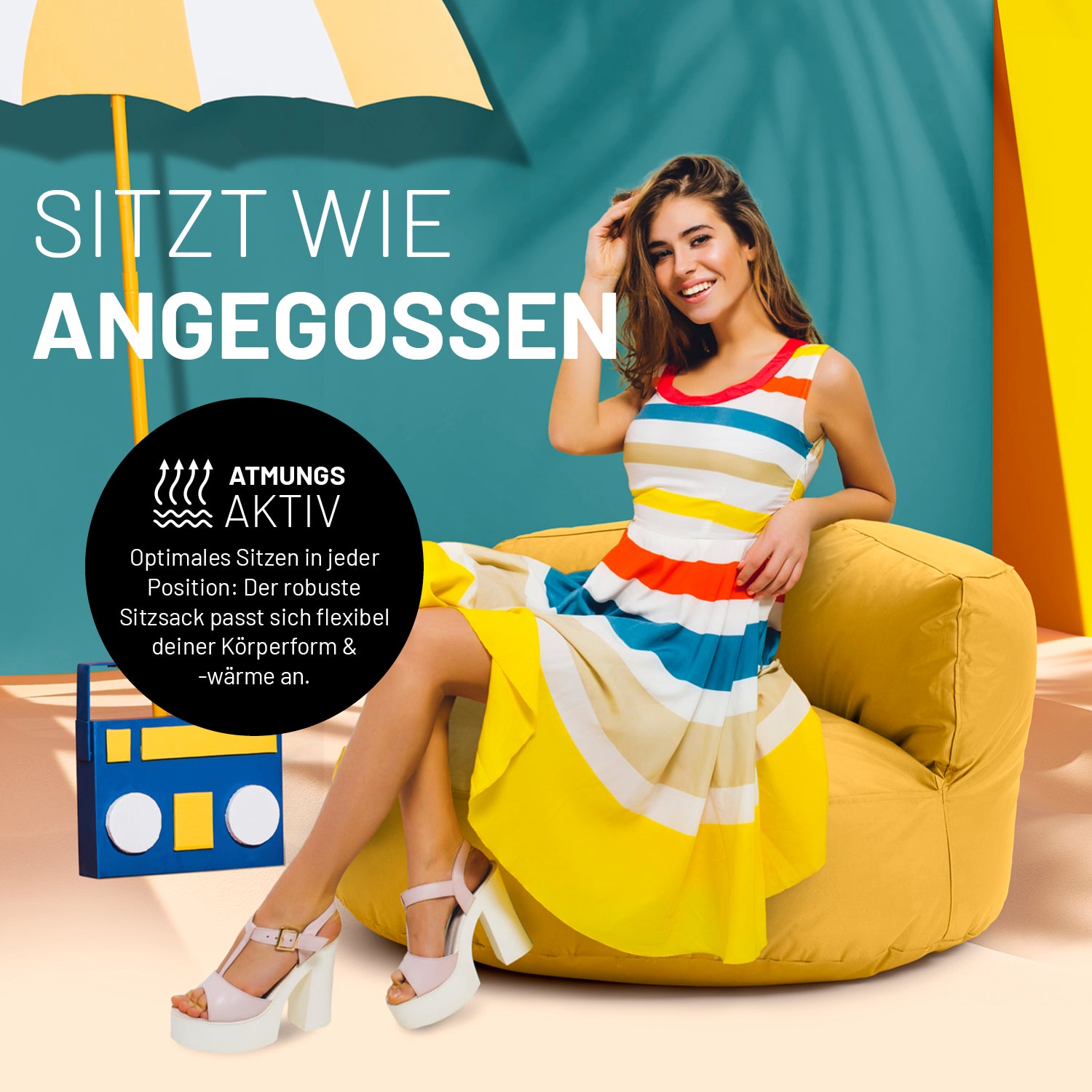 Frau entspannt sitzend auf dem Sitzsack Lounge (320 L) - indoor & outdoor - Senfgelb in einem farbenfrohen Raum