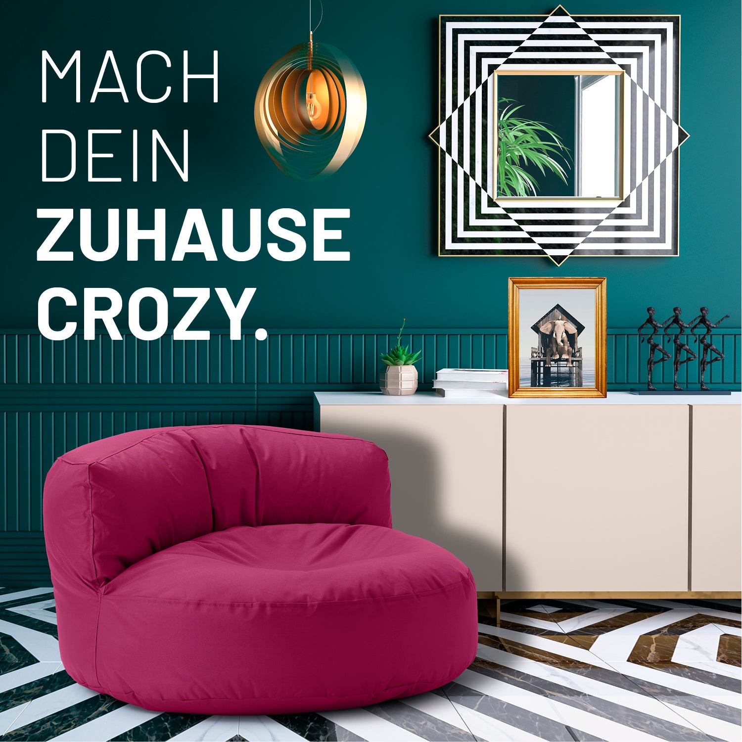 Sitzsack Lounge (320 L) - indoor & outdoor - Weinrot in modernem Wohnraum vor dunkelgrüner Wand und Designer-Deko