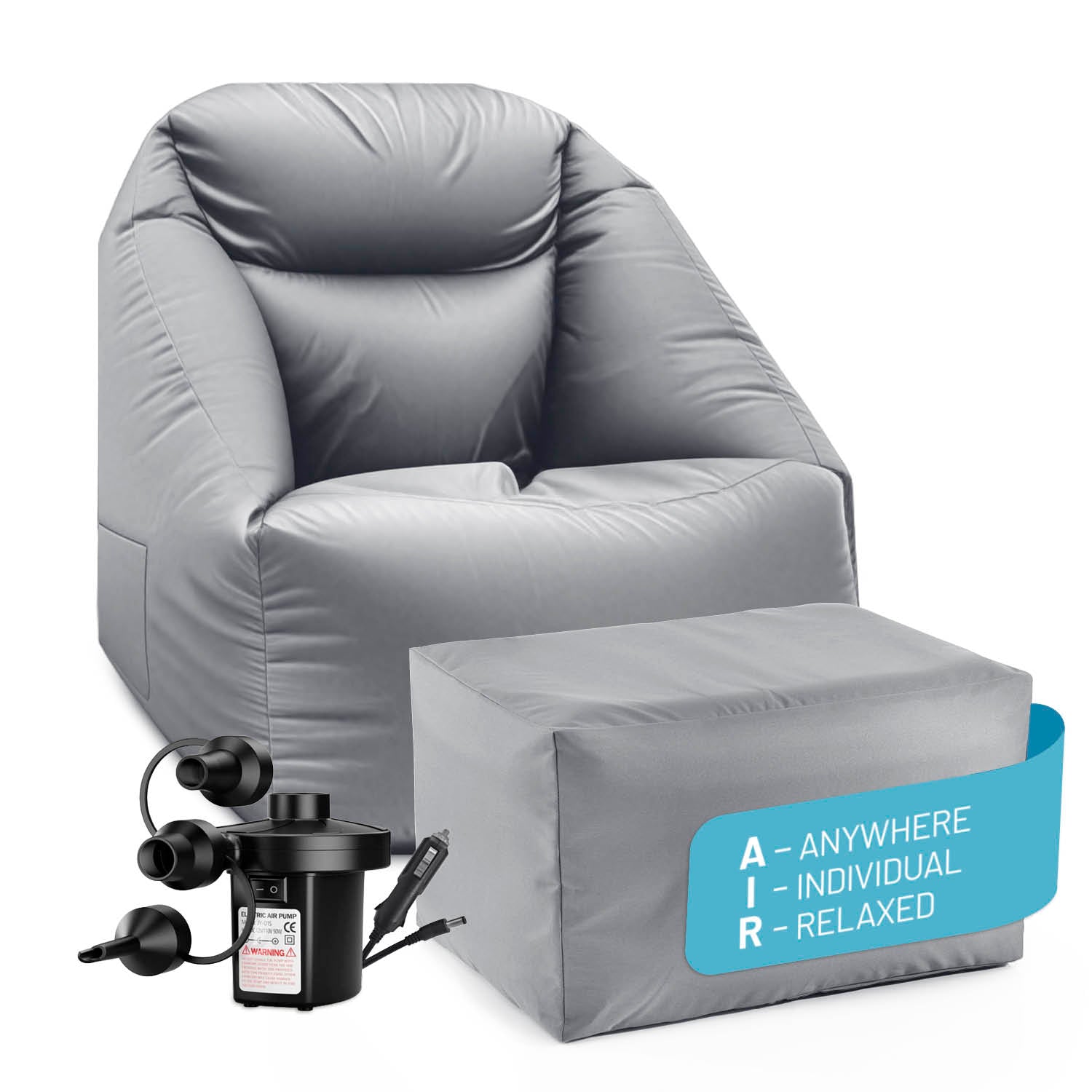 CrozyAir Relax-Set XL Luftsessel + Lufthocker inkl. Luftpumpe 2GO in Grau für komfortables Entspannen innen und außen