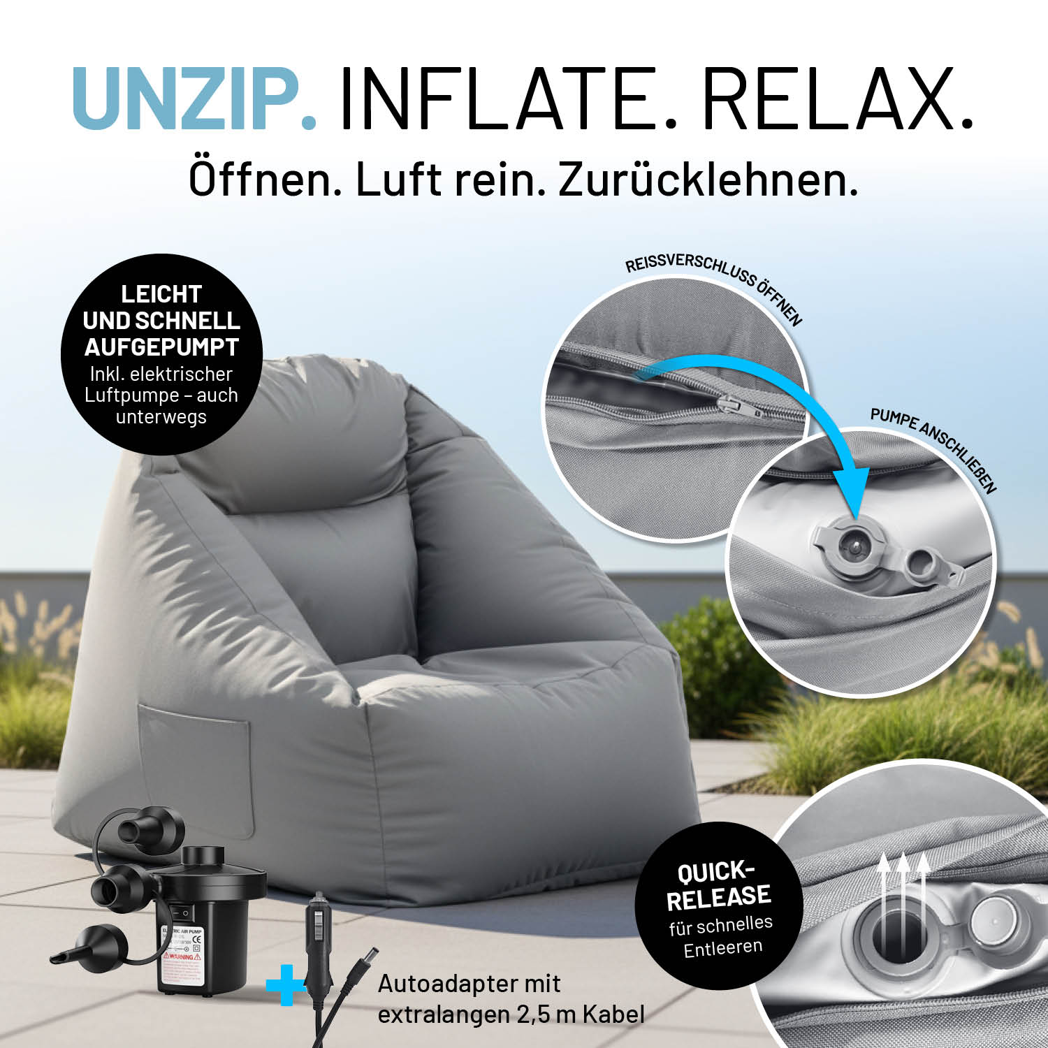 CrozyAir Luftsessel inkl. Luftpumpe 2GO - 87 x 95 x 80/35 cm - Grau aufgepumpt mit Details der Ventilöffnung und Luftpumpe