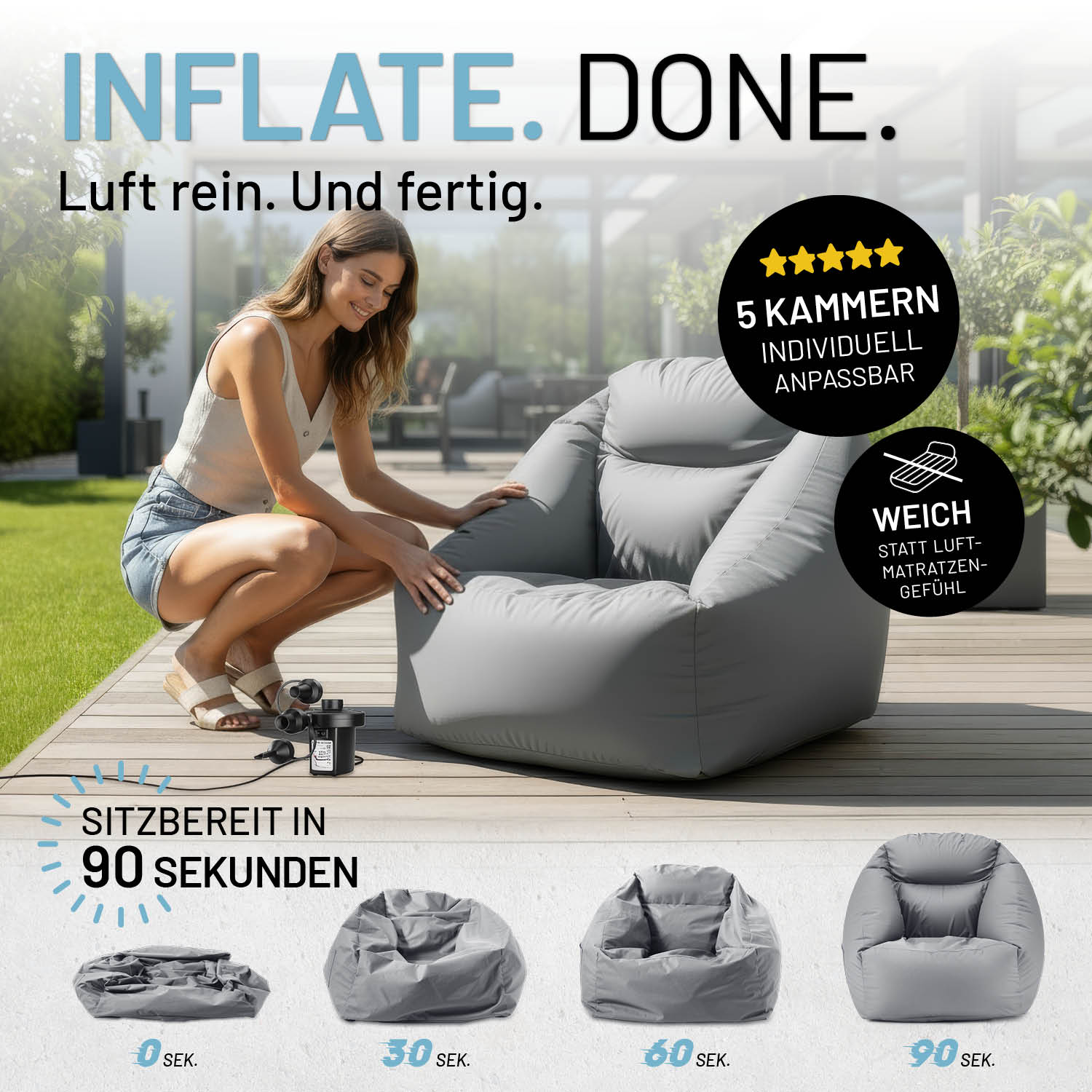 Frau bläst CrozyAir Luftsessel inkl. Luftpumpe 2GO - 87 x 95 x 80/35 cm - Grau auf, weicher Sitz, 5 Kammern anpassbar.